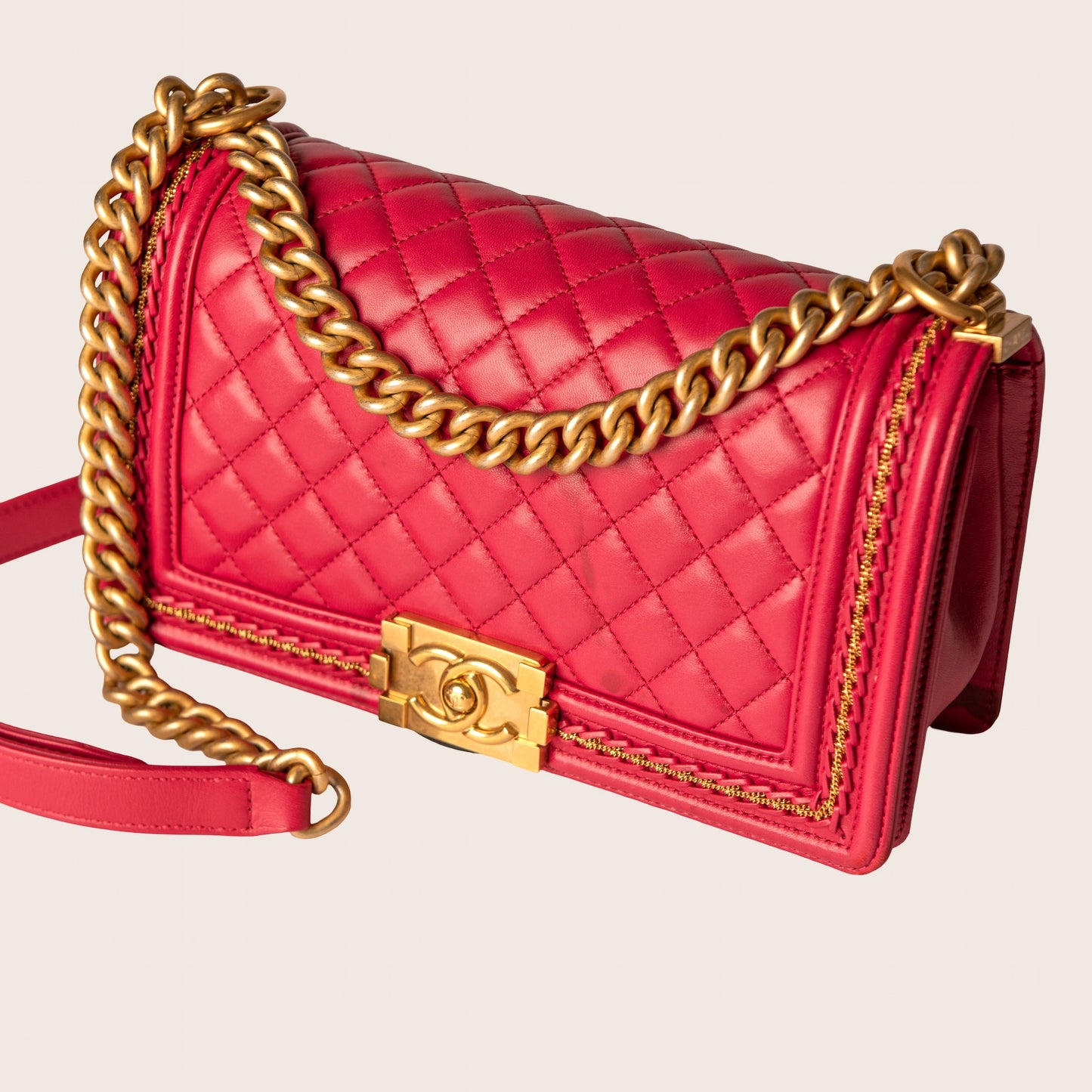 Chanel Red Quilted Lambskin Leather Chain Top Handle Boy Bag
