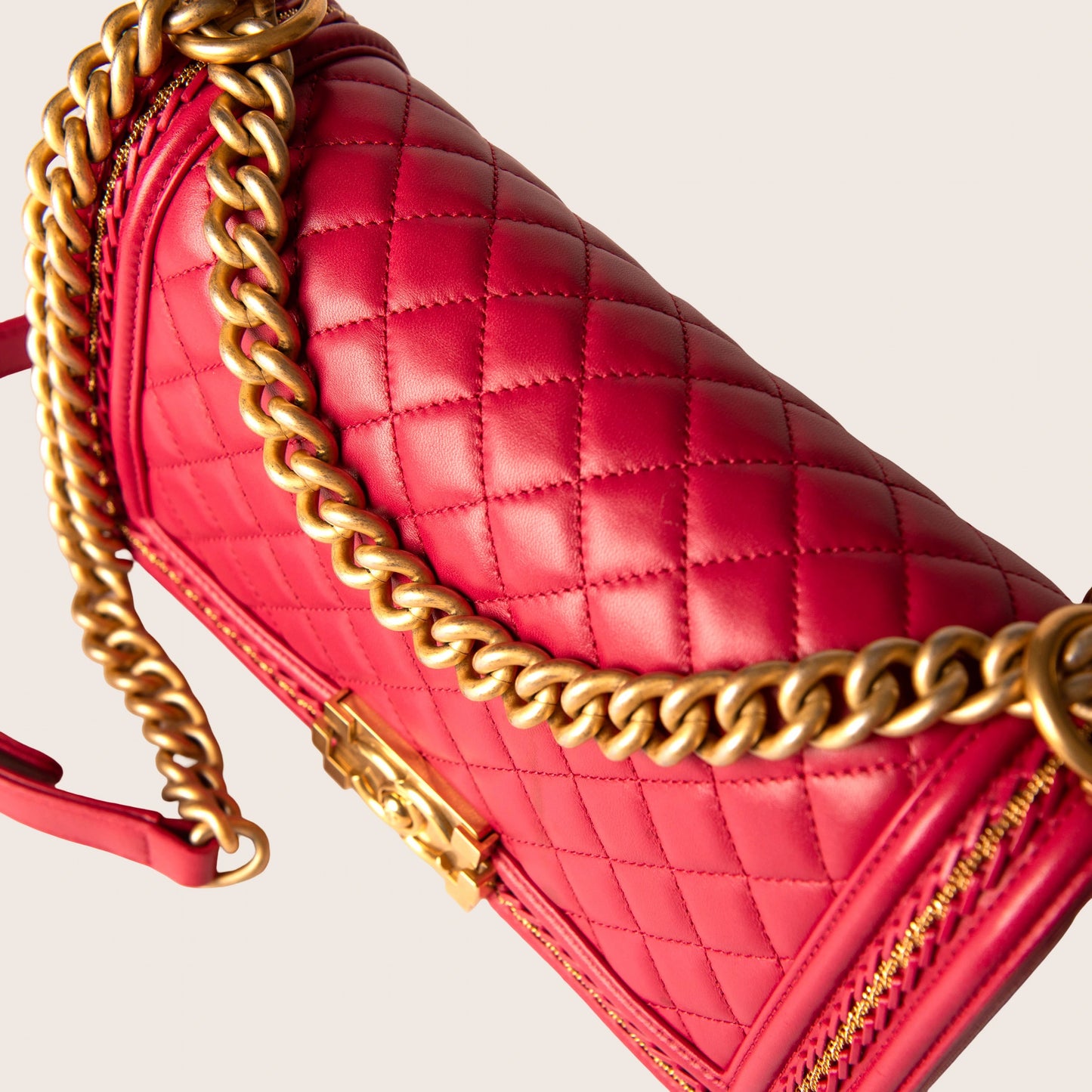 Chanel Red Quilted Lambskin Leather Chain Top Handle Boy Bag