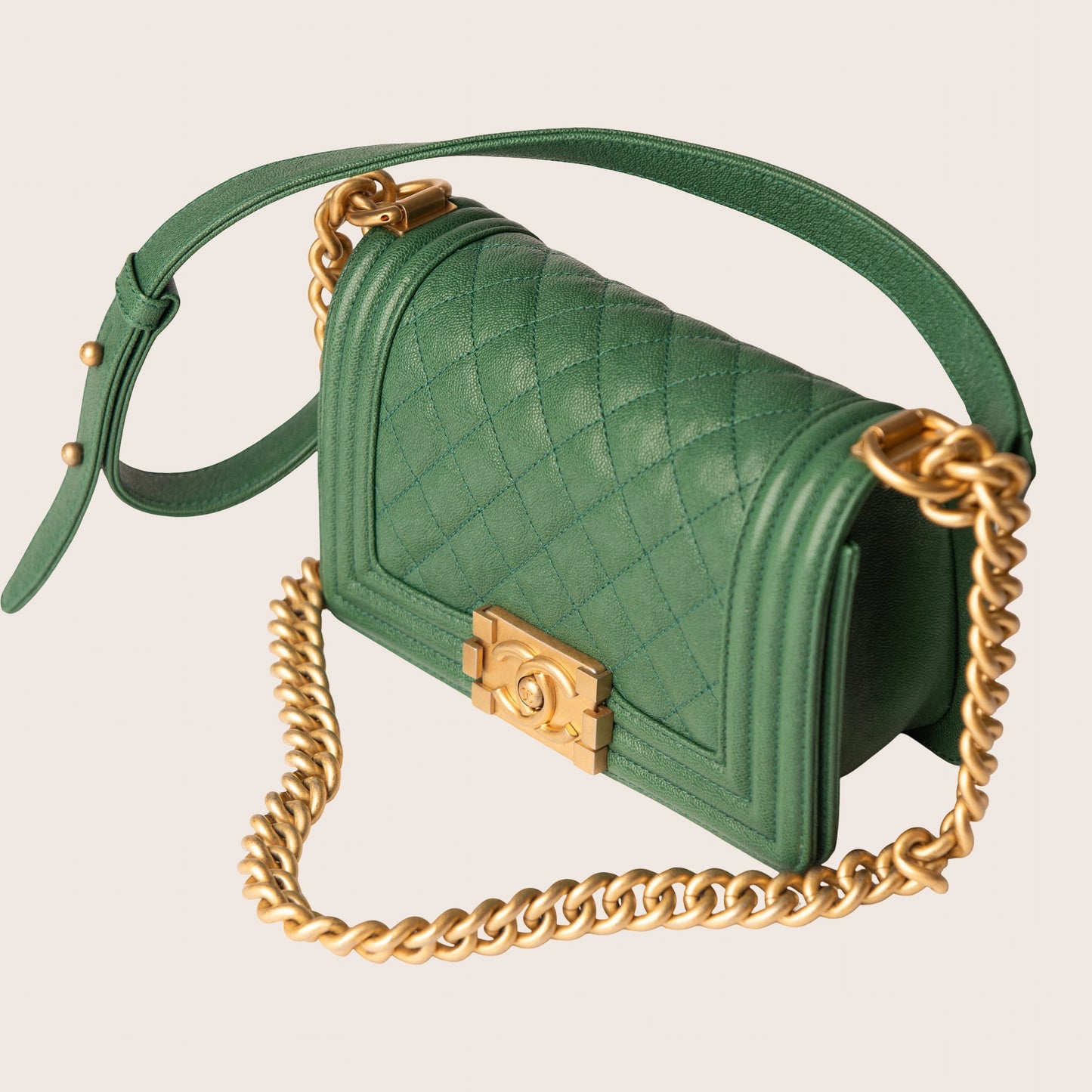 Chanel Small Boy Flap Bag in Green Caviar Leather
