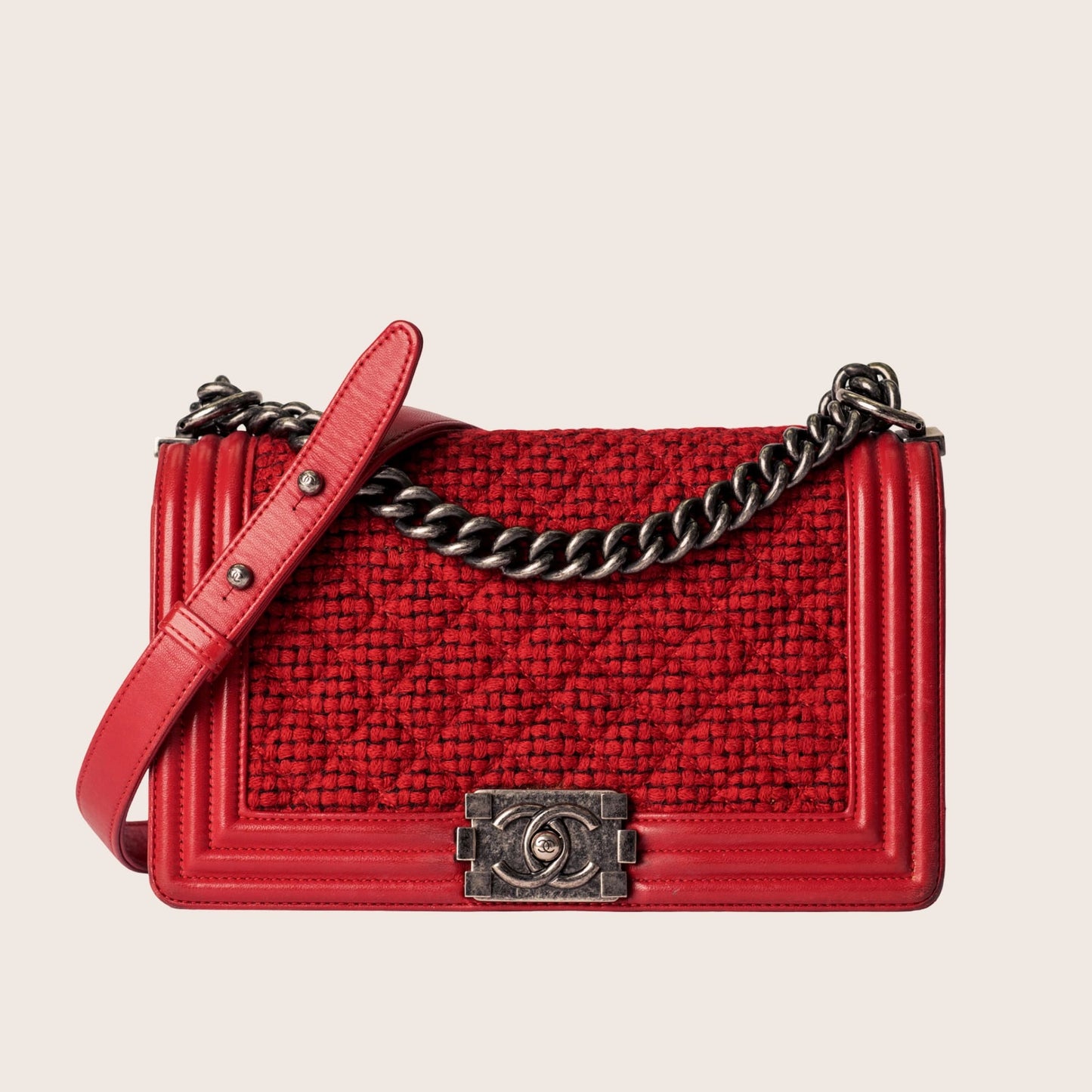 Chanel Red Quilted Tweed Lambskin Old Boy Bag