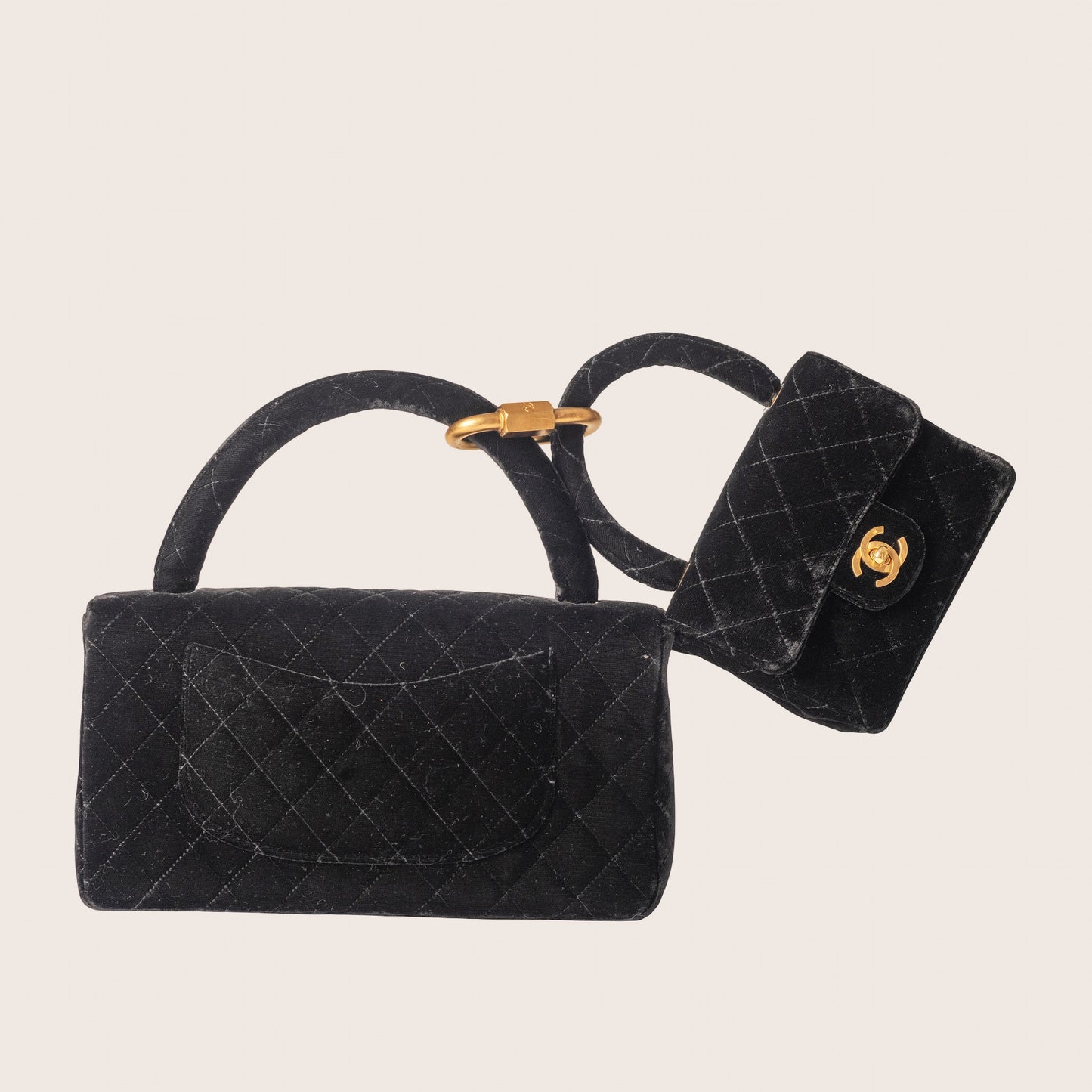 Chanel 1995 Vintage Double Bag in Black Quilted Velvet