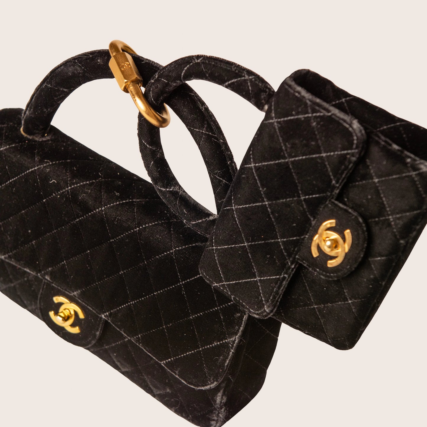 Chanel 1995 Vintage Double Bag in Black Quilted Velvet