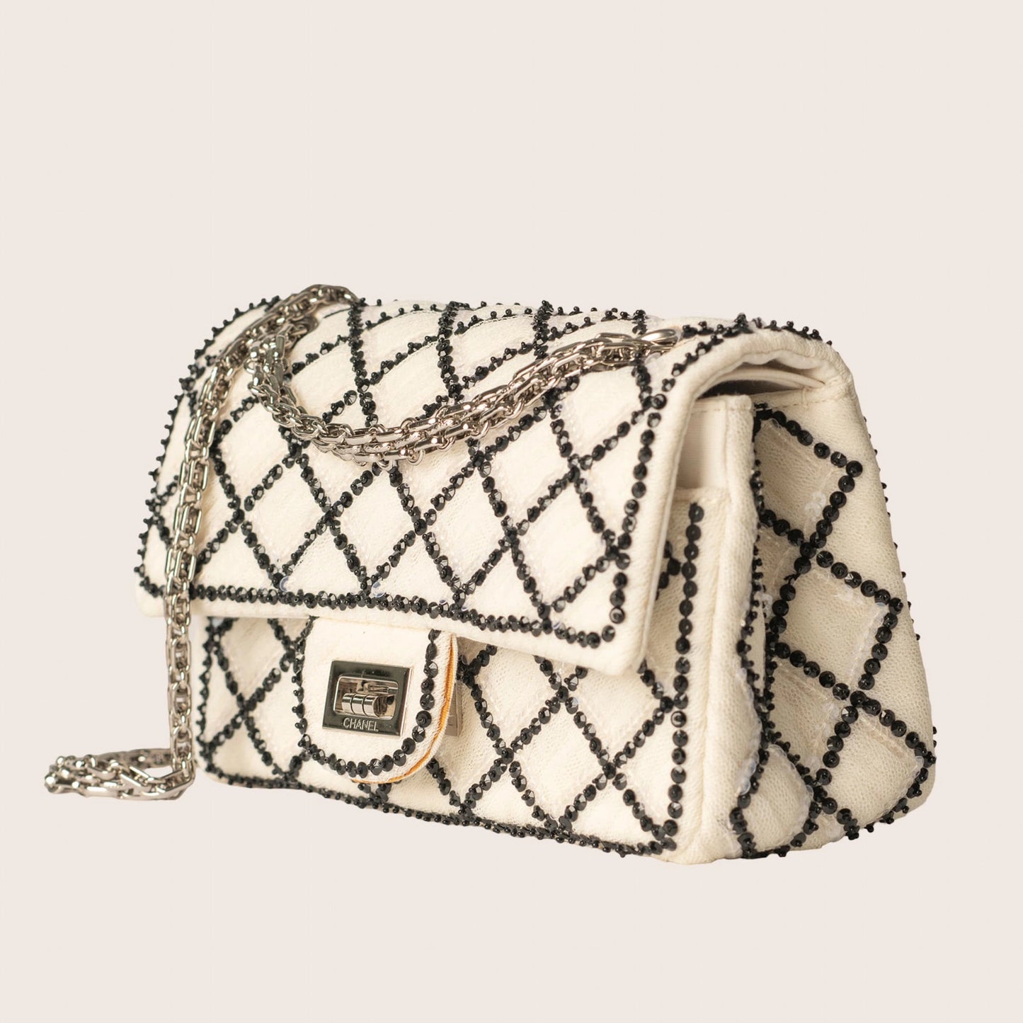 Chanel White Sequin Mesh Black Beaded Quilted 2.55 Reissue 225 Double Flap