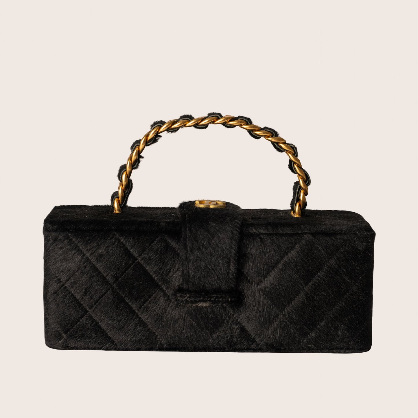 Chanel Vintage Rectangular Vanity Box Black Pony Hair Antique Gold