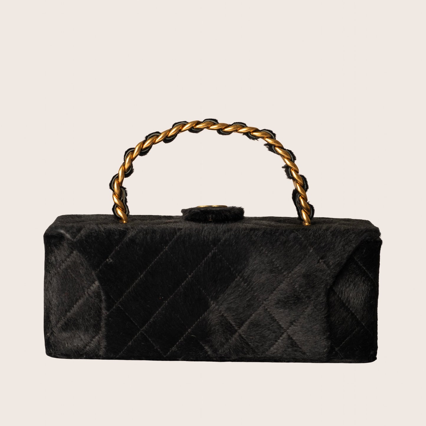 Chanel Vintage Rectangular Vanity Box Black Pony Hair Antique Gold