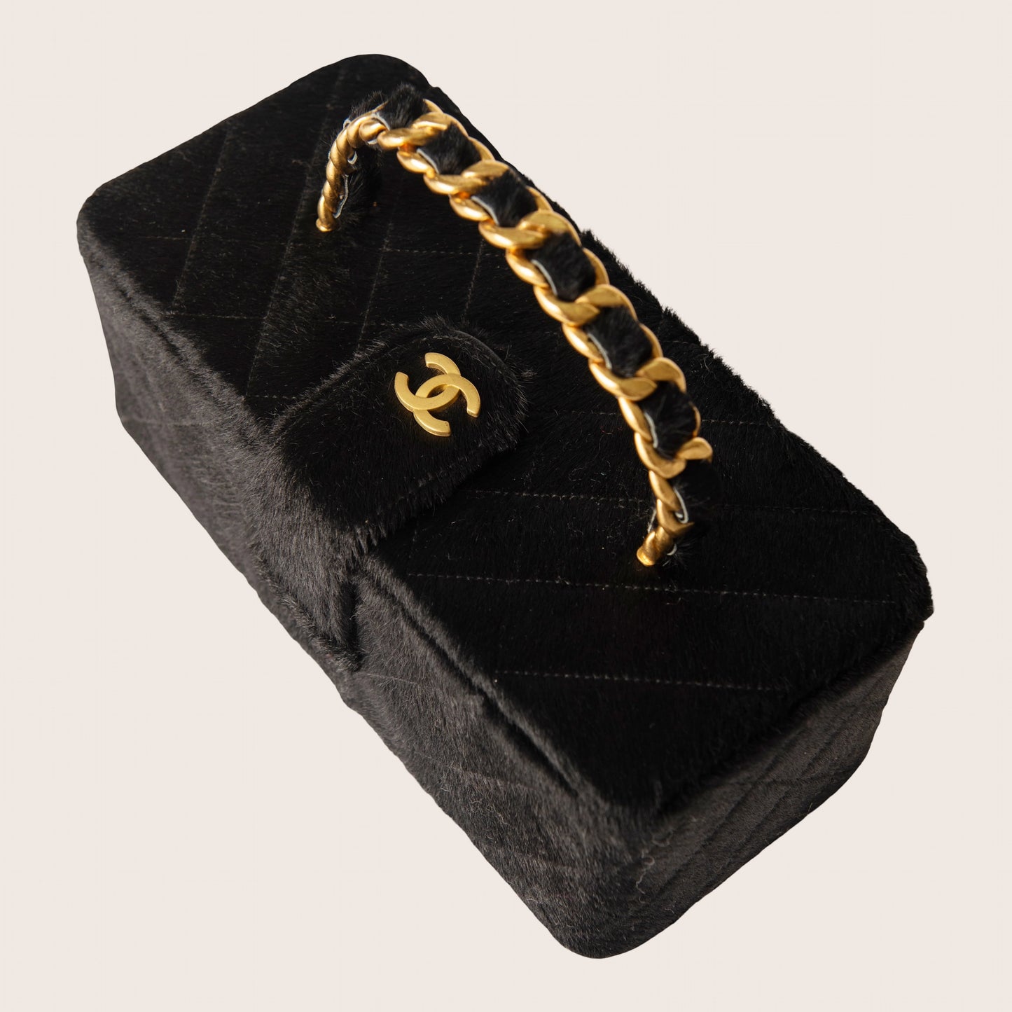 Chanel Vintage Rectangular Vanity Box Black Pony Hair Antique Gold