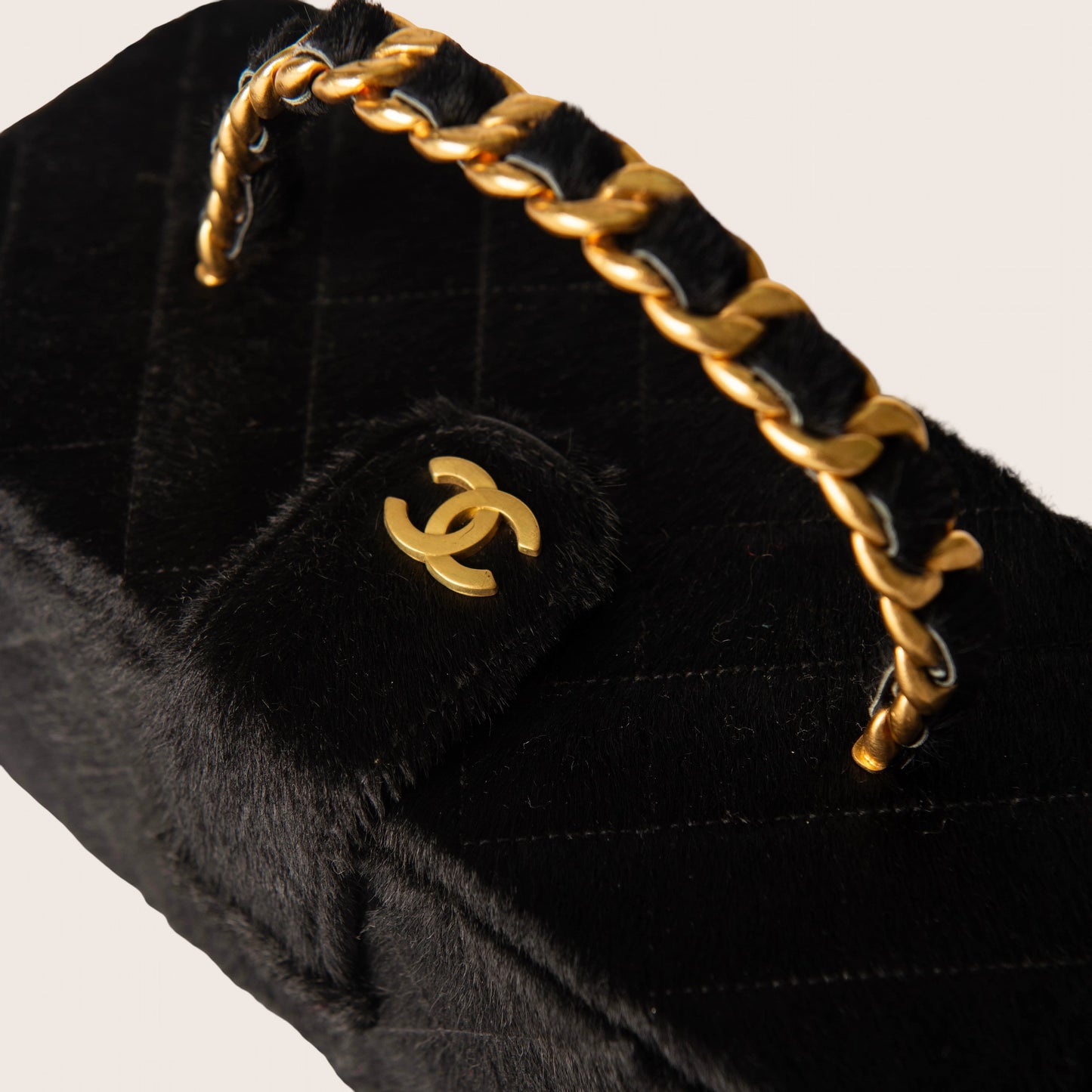 Chanel Vintage Rectangular Vanity Box Black Pony Hair Antique Gold