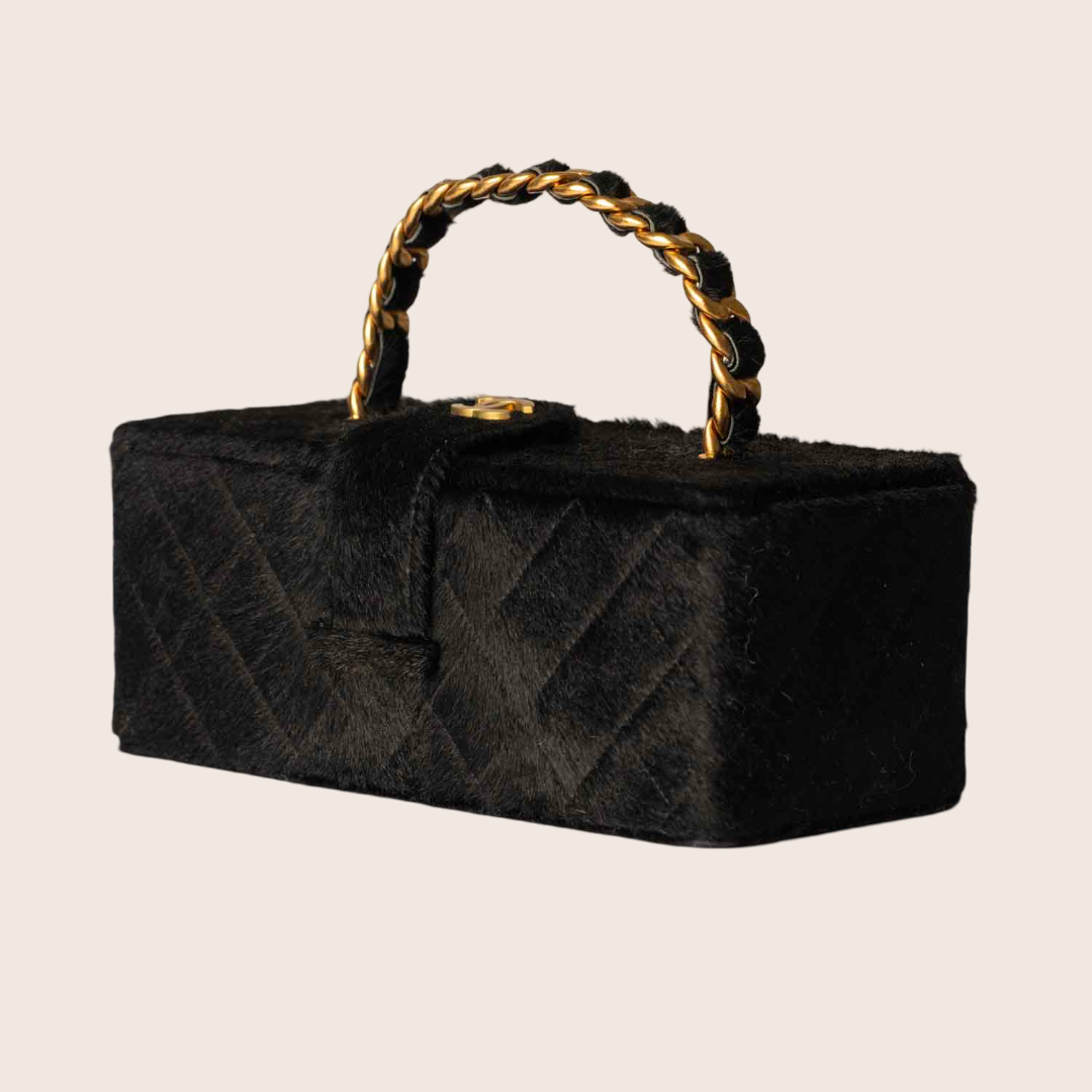 Chanel Vintage Rectangular Vanity Box Black Pony Hair Antique Gold