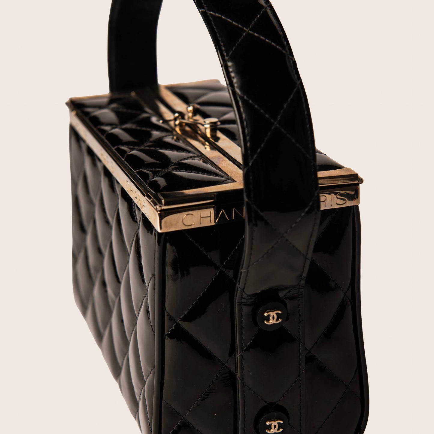 Chanel 1997 Classic Black Patent & Quilted Leather Box Handbag