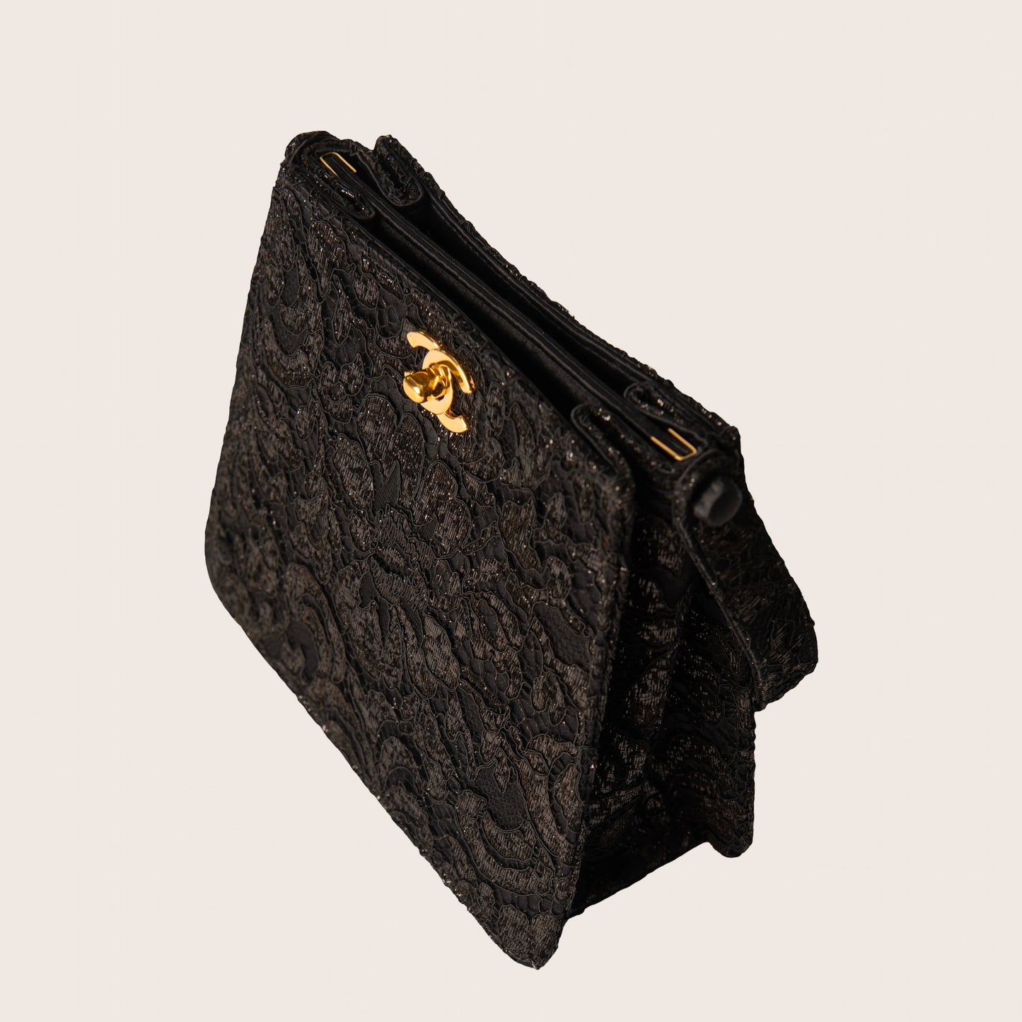Chanel 1997-1999 Both Sided Turnlock Lace Handbag Black Satin