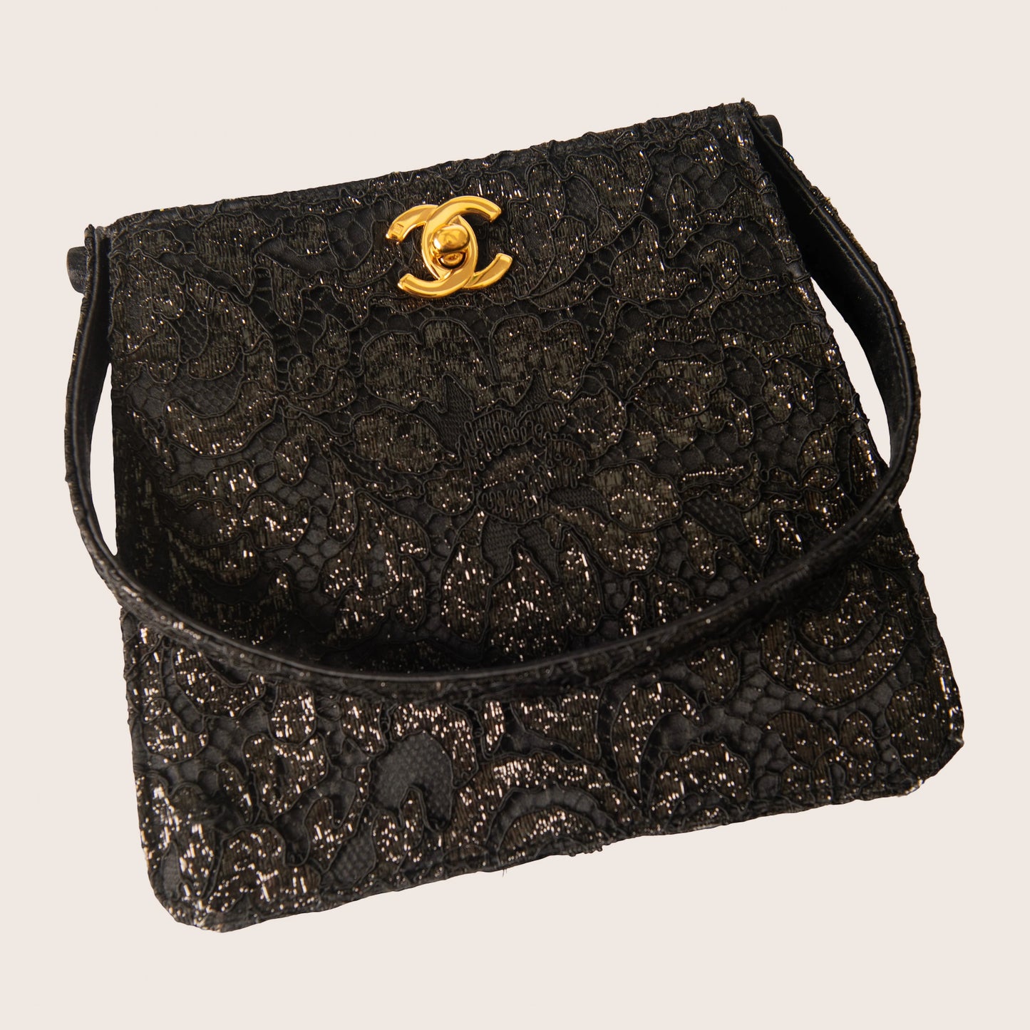 Chanel 1997-1999 Both Sided Turnlock Lace Handbag Black Satin