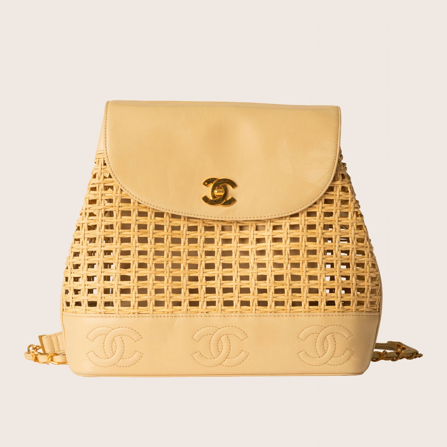 Chanel 1996 Rare Beige Lambskin & Woven Wicker Backpack