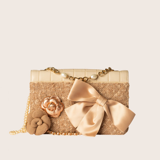 Chanel Tweed Jersey Lambskin Pearl Square Quilted Camellia Chain Flap Ivory Beige Gold