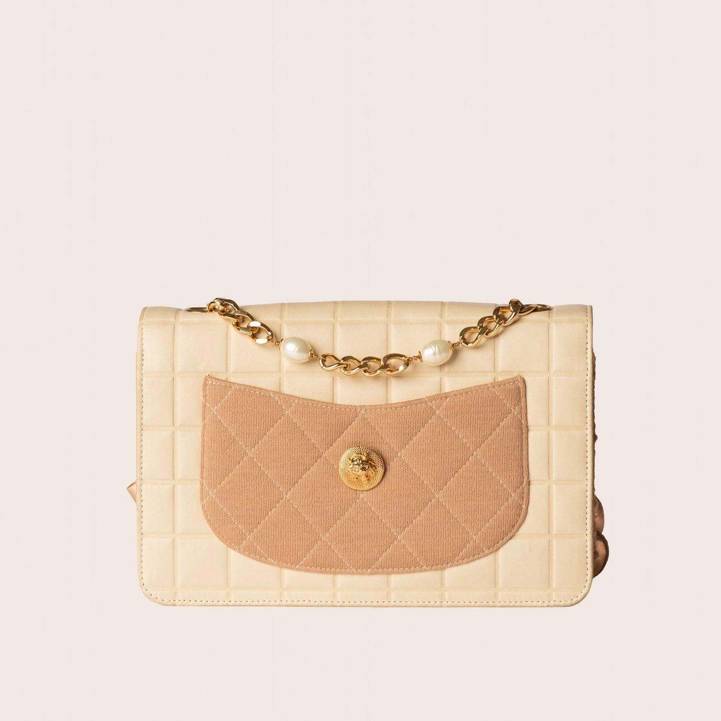 Chanel Tweed Jersey Lambskin Pearl Square Quilted Camellia Chain Flap Ivory Beige Gold