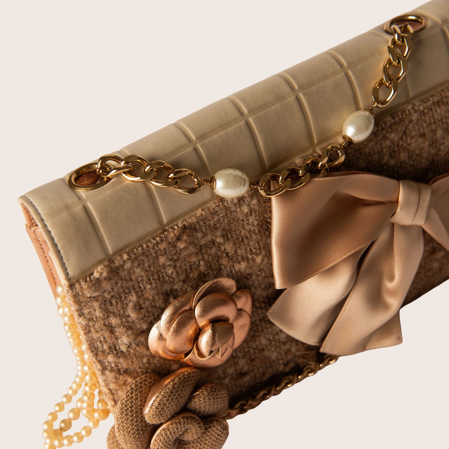 Chanel Tweed Jersey Lambskin Pearl Square Quilted Camellia Chain Flap Ivory Beige Gold