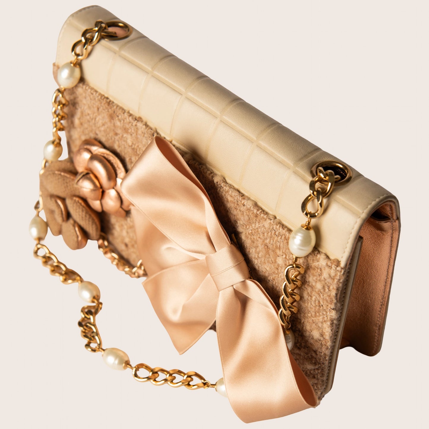 Chanel Tweed Jersey Lambskin Pearl Square Quilted Camellia Chain Flap Ivory Beige Gold