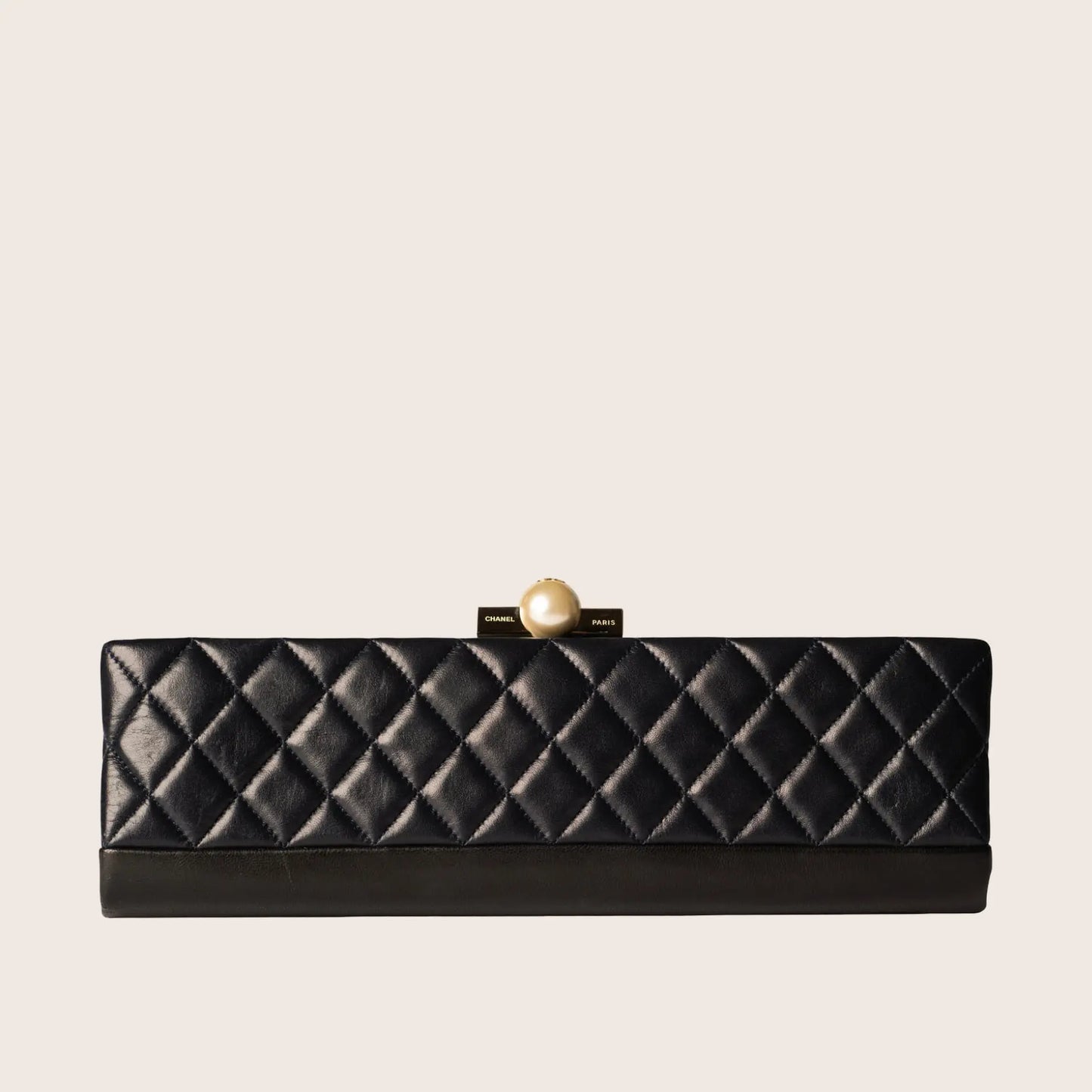 Chanel Black Leather & Pearl Closure Quilted Clutch