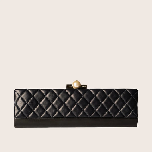 Chanel Black Leather & Pearl Closure Quilted Clutch
