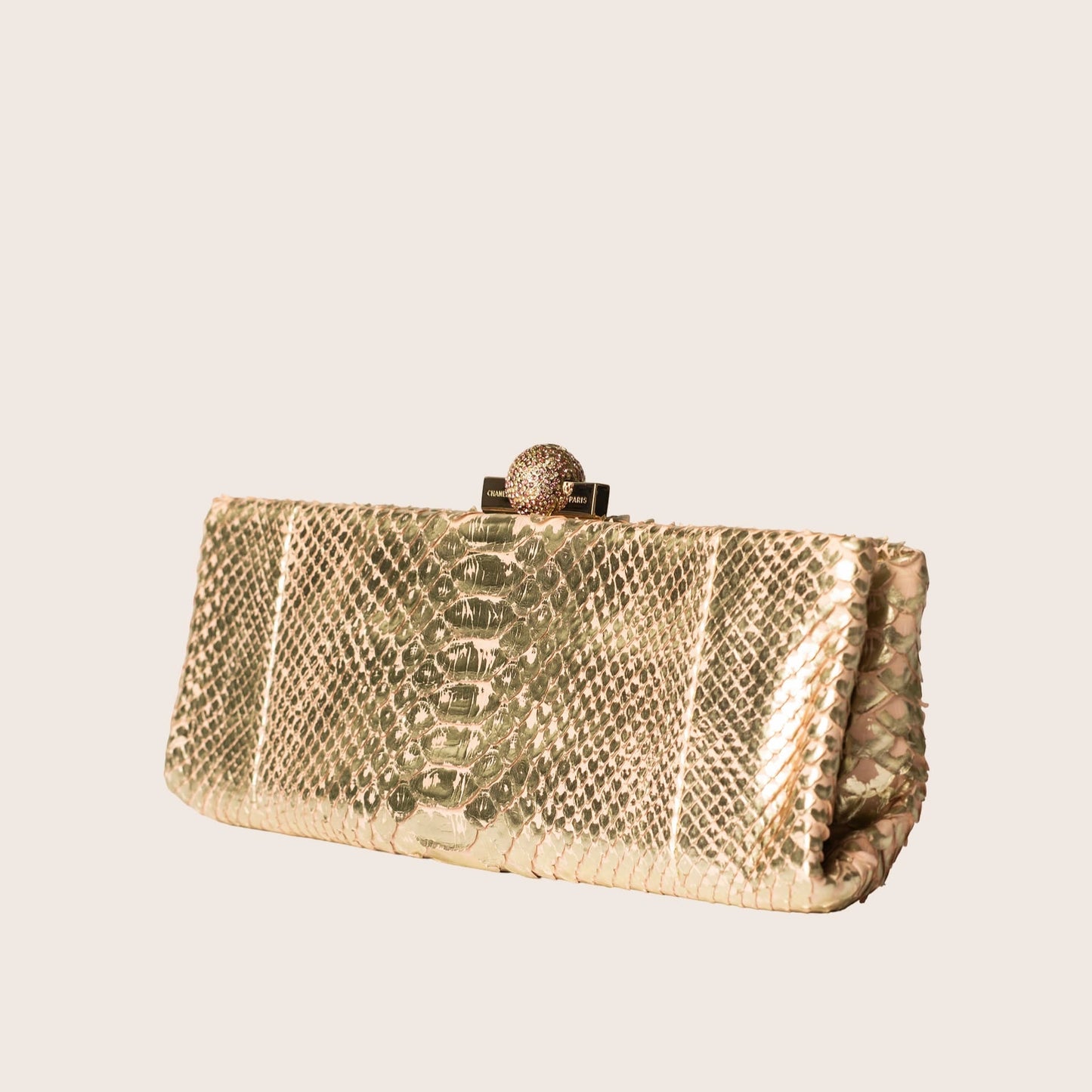Chanel Gold Metallic Python Clutch with Crystal Top Clasp