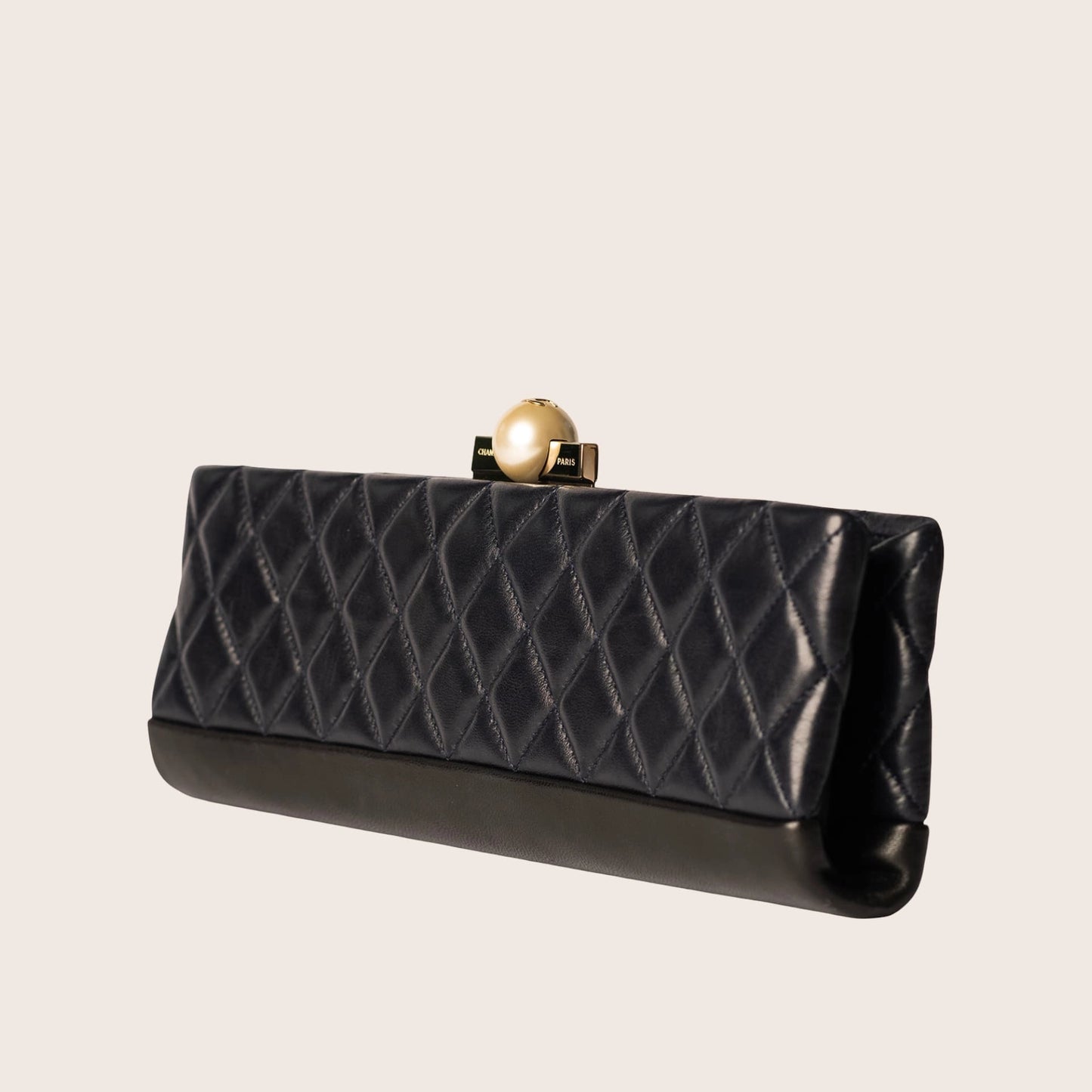 Chanel Black Leather & Pearl Closure Quilted Clutch
