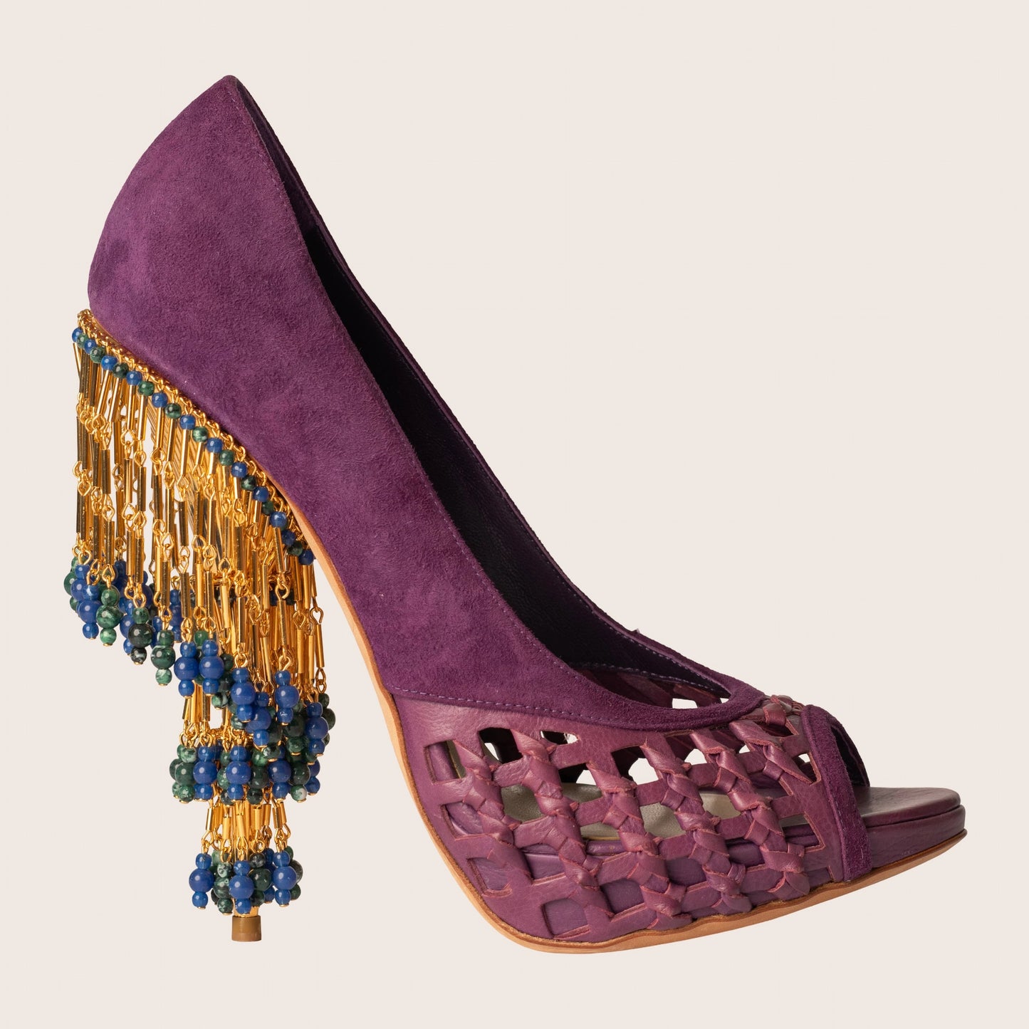 Christian Dior Purple Suede Peep Toe Beaded Fringe Heels