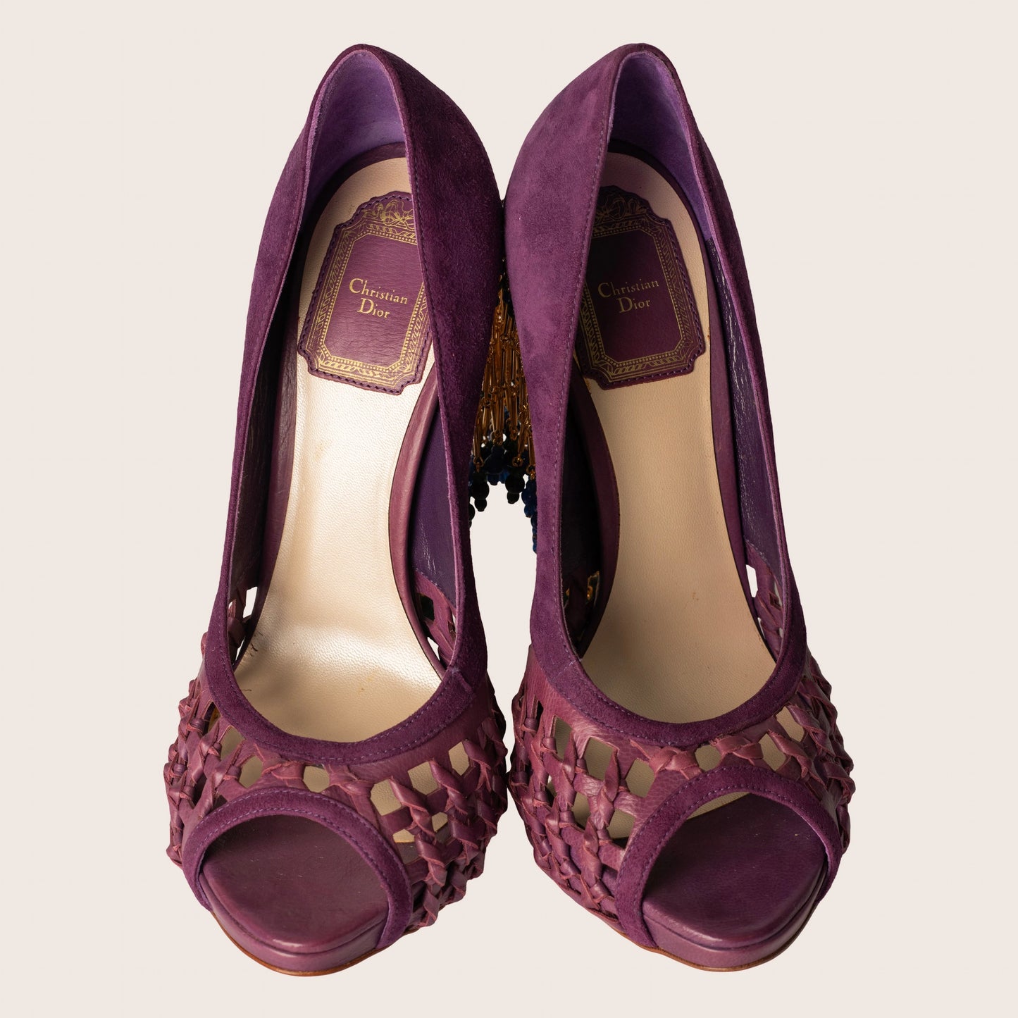 Christian Dior Purple Suede Peep Toe Beaded Fringe Heels