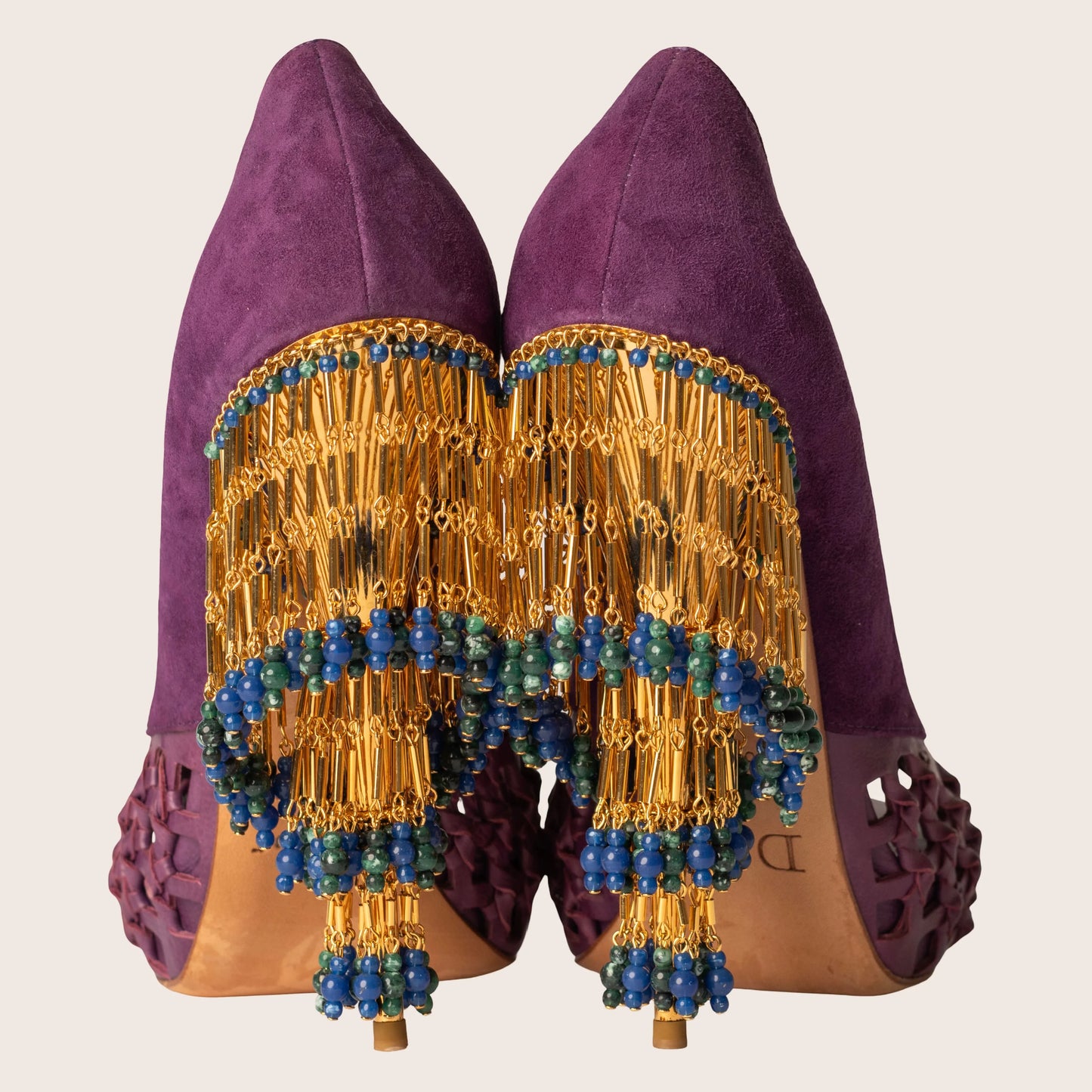 Christian Dior Purple Suede Peep Toe Beaded Fringe Heels