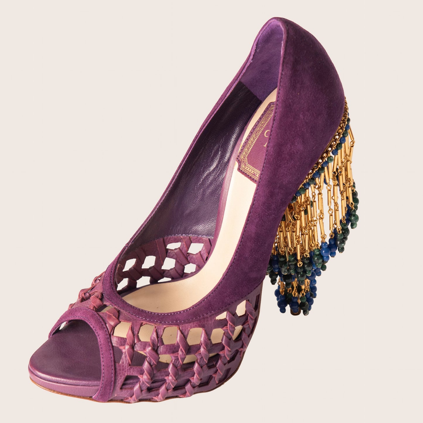 Christian Dior Purple Suede Peep Toe Beaded Fringe Heels