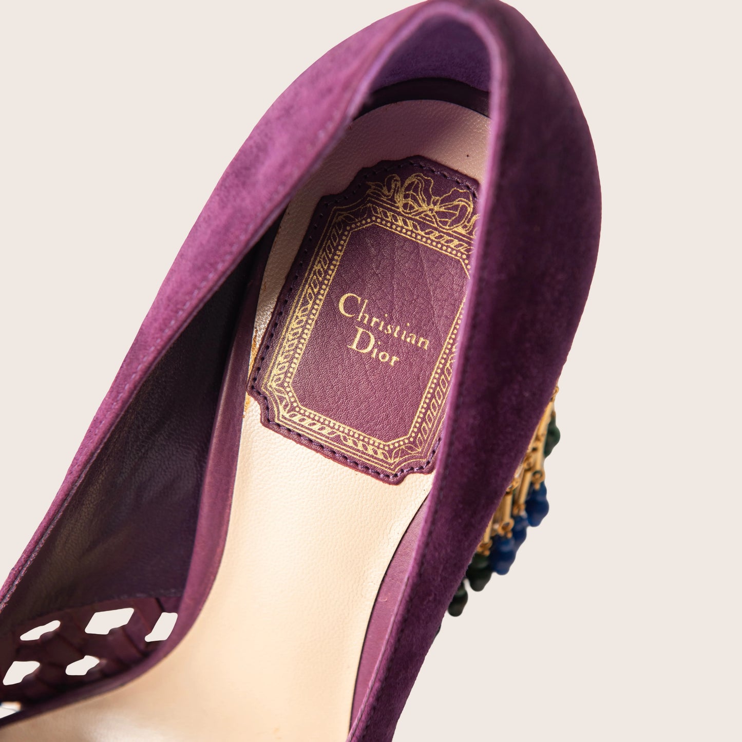 Christian Dior Purple Suede Peep Toe Beaded Fringe Heels