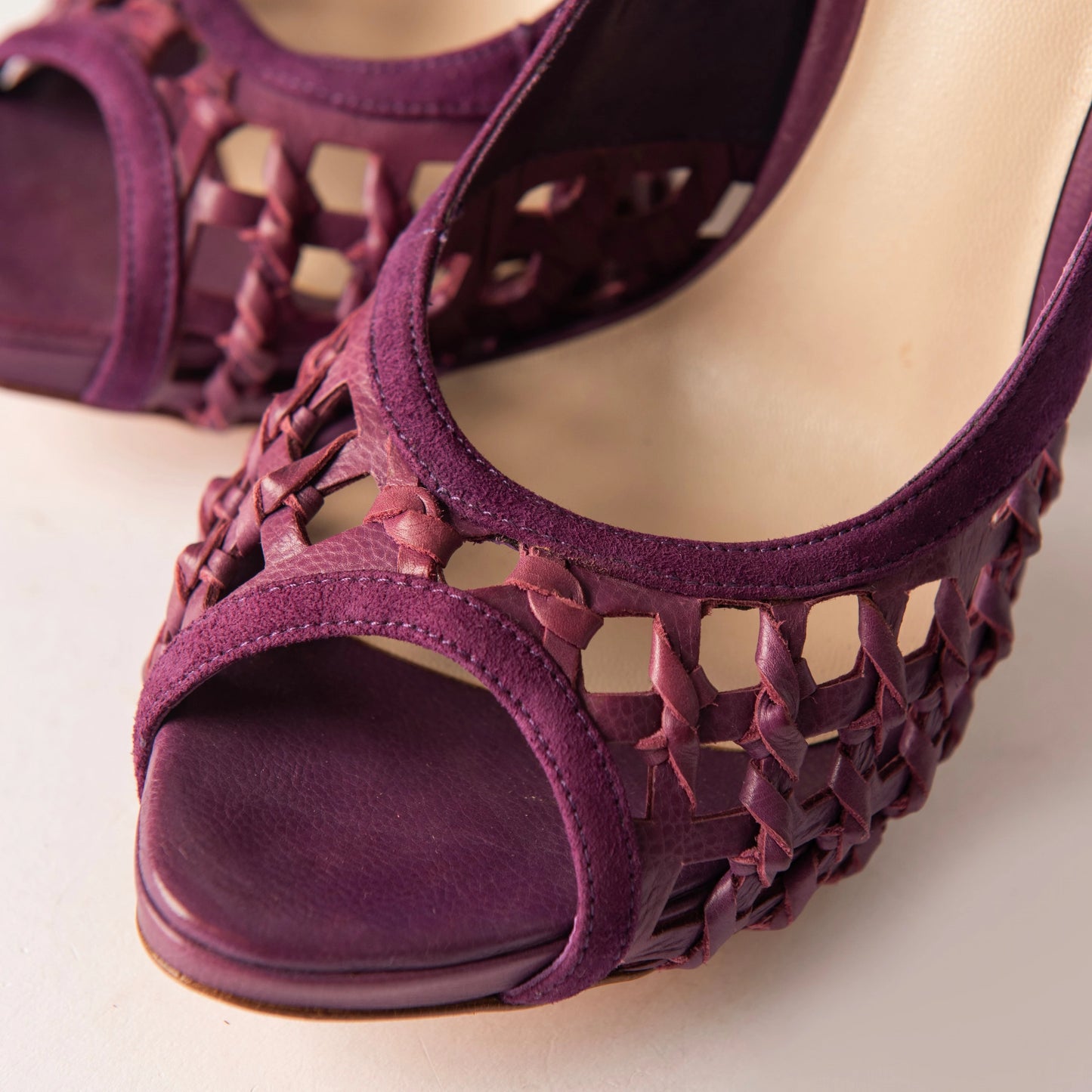 Christian Dior Purple Suede Peep Toe Beaded Fringe Heels