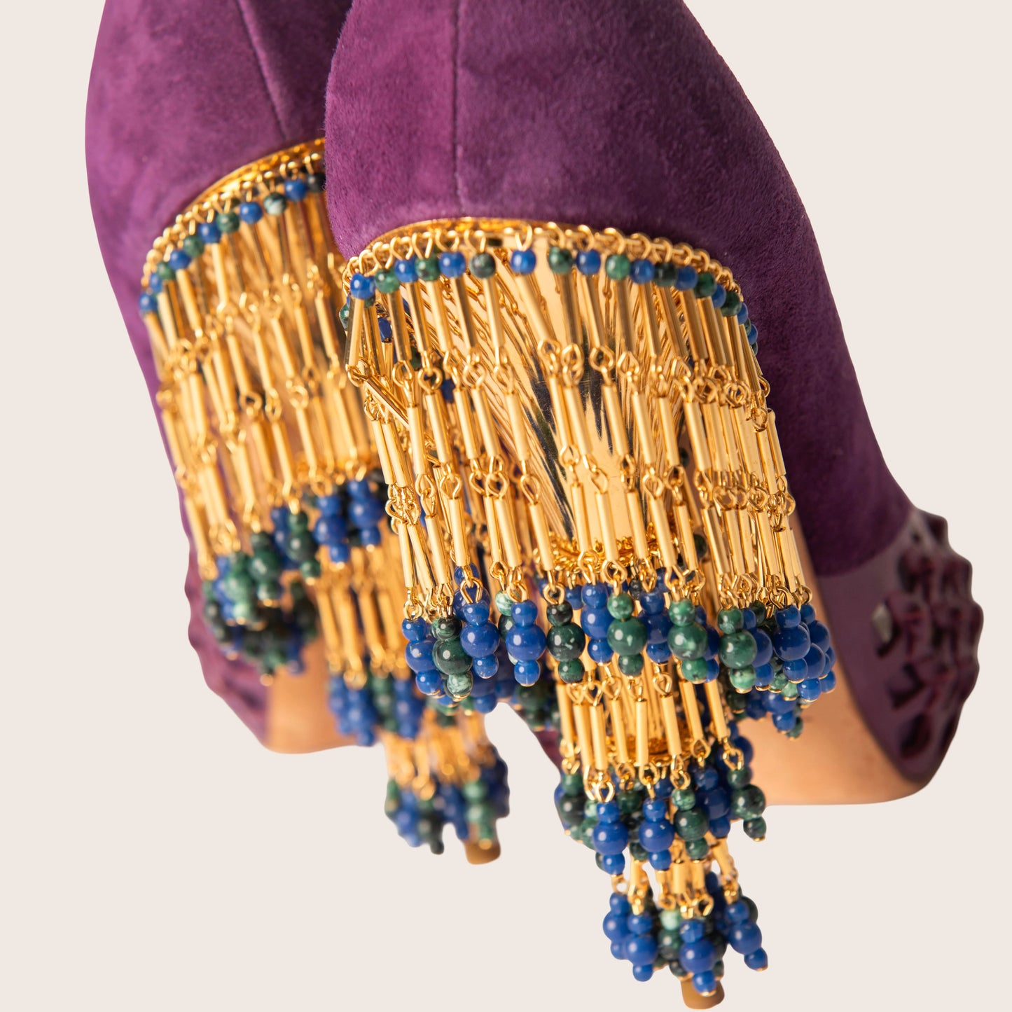 Christian Dior Purple Suede Peep Toe Beaded Fringe Heels