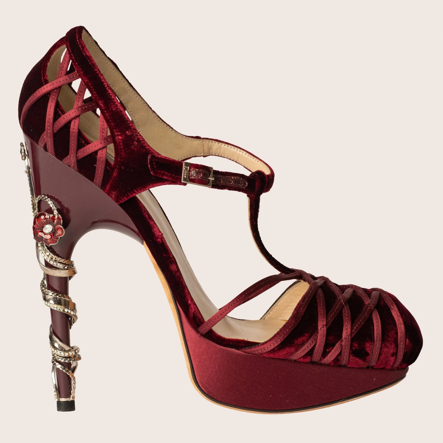 Christian Dior Burgundy Velvet and Satin Platform Floral Embellished Heel Pumps
