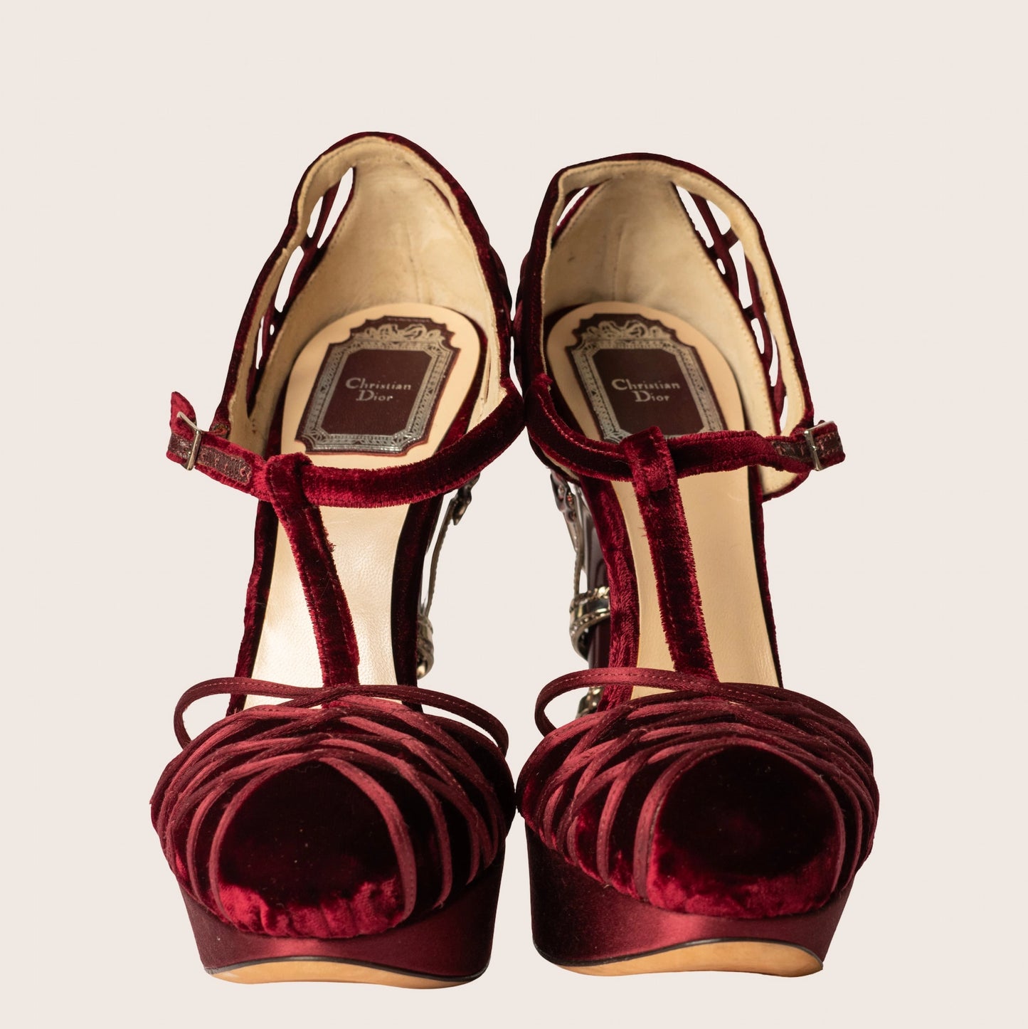 Christian Dior Burgundy Velvet and Satin Platform Floral Embellished Heel Pumps