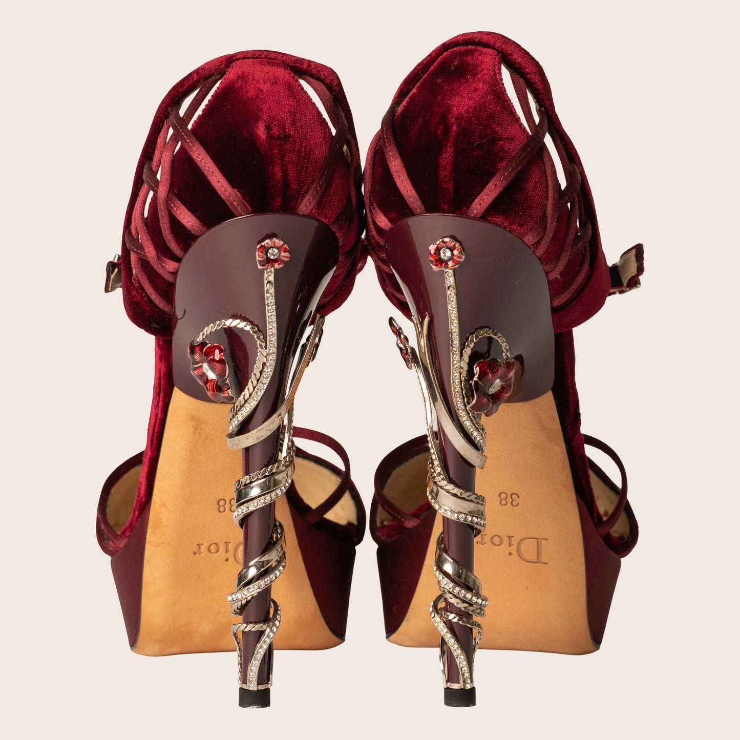 Christian Dior Burgundy Velvet and Satin Platform Floral Embellished Heel Pumps
