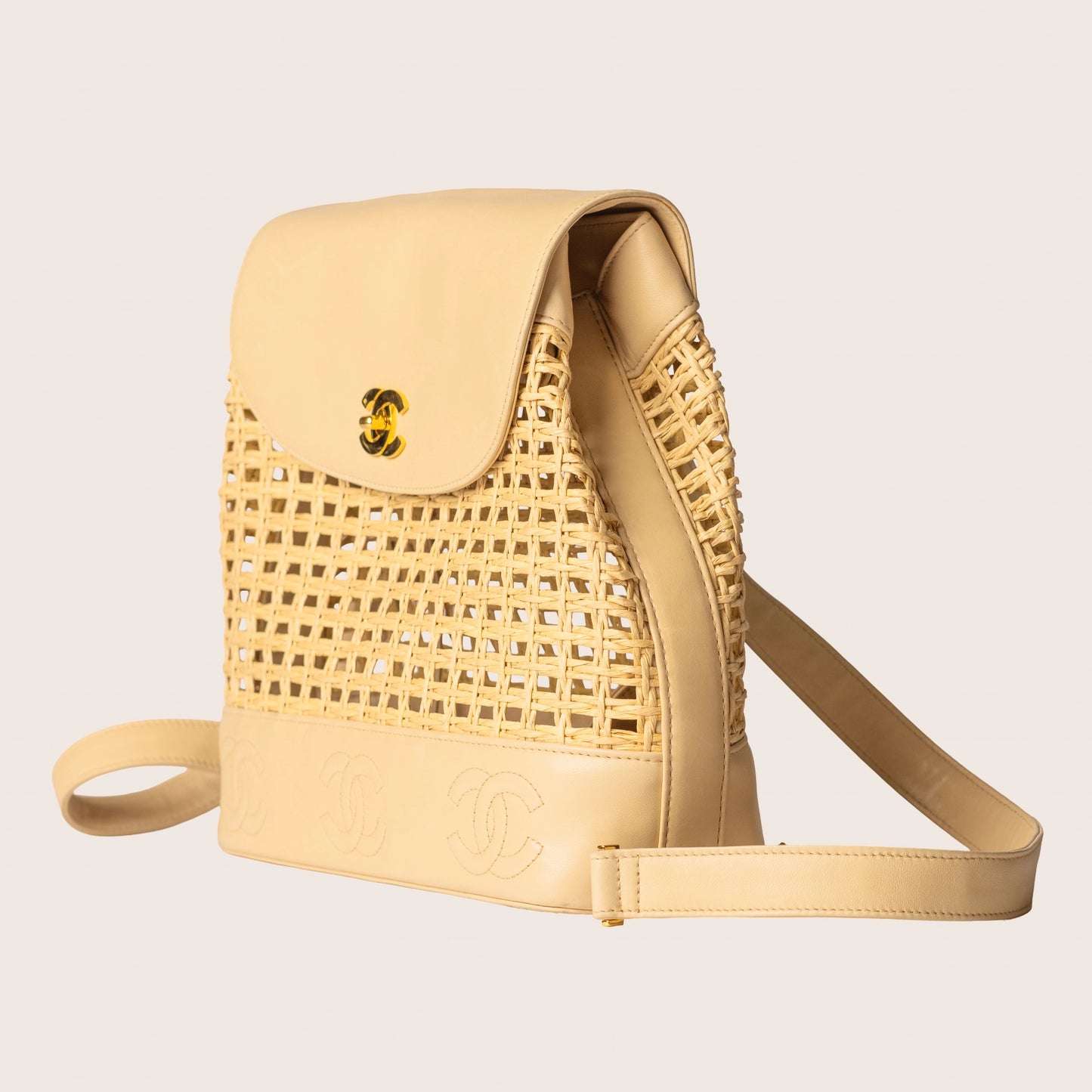 Chanel 1996 Rare Beige Lambskin & Woven Wicker Backpack