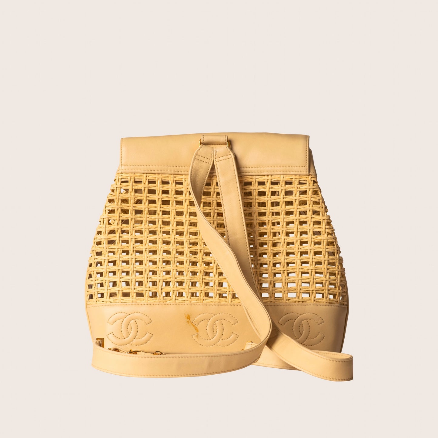 Chanel 1996 Rare Beige Lambskin & Woven Wicker Backpack