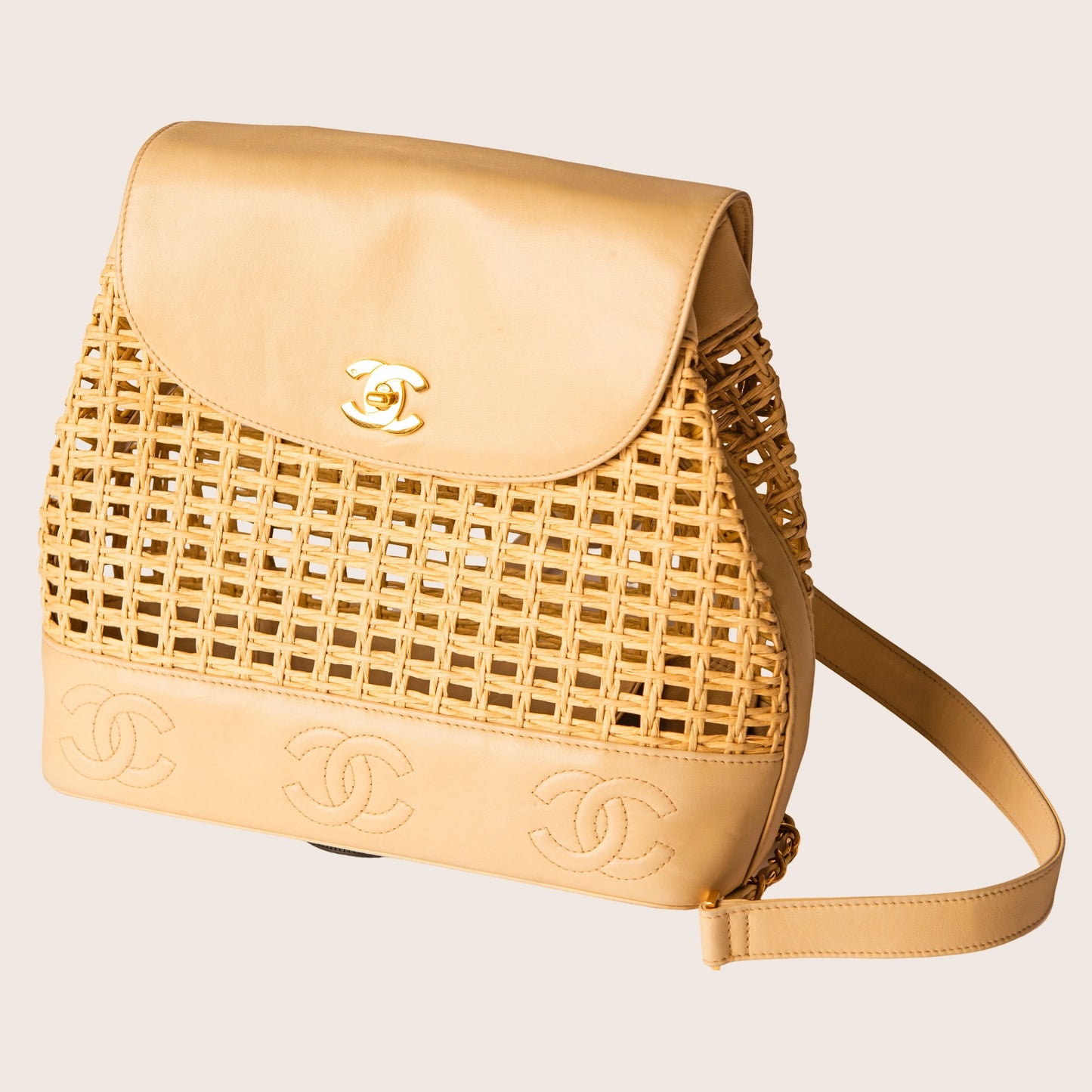 Chanel 1996 Rare Beige Lambskin & Woven Wicker Backpack