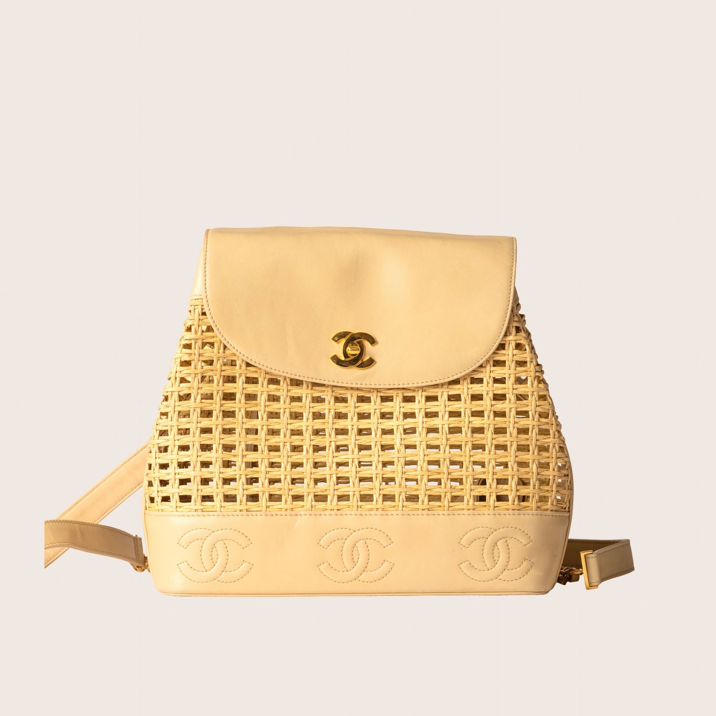 Chanel 1996 Rare Beige Lambskin & Woven Wicker Backpack