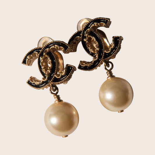 Chanel Black & Gold Pearl Drop Earrings