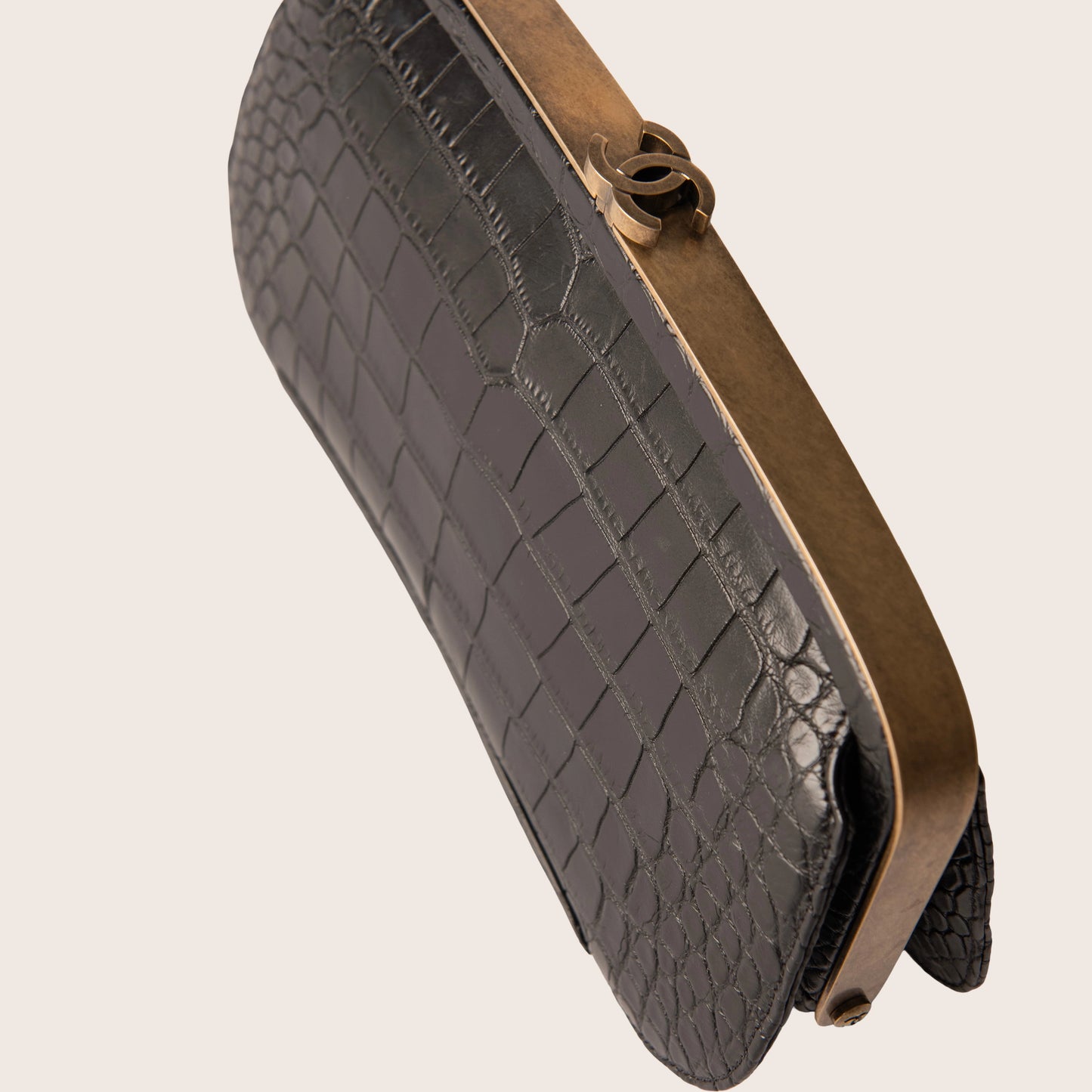 Chanel Vintage Crocodile Frame Clutch with Brass Hardware