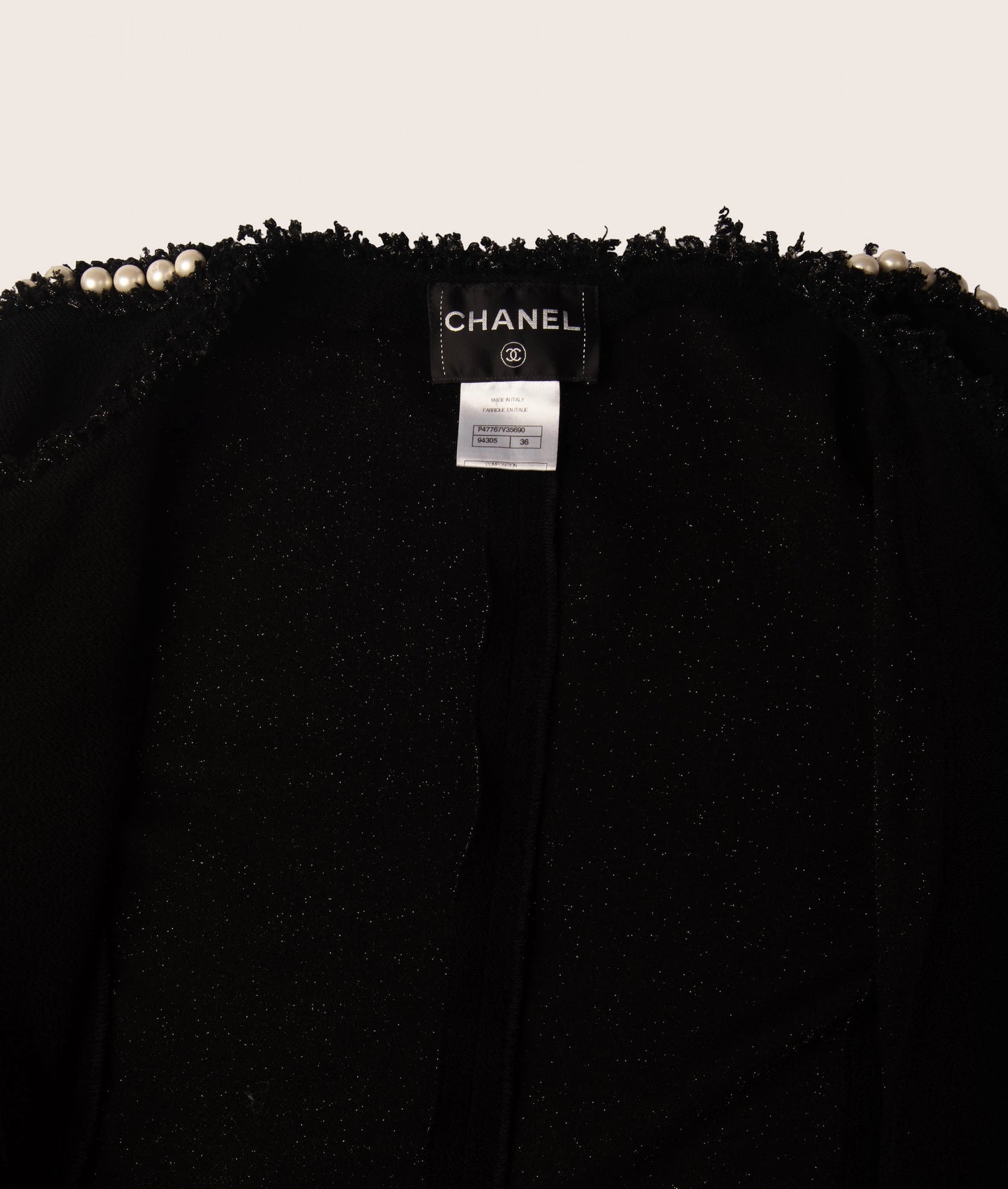 Chanel Black Boucle Jacket with Pearl Embellishments