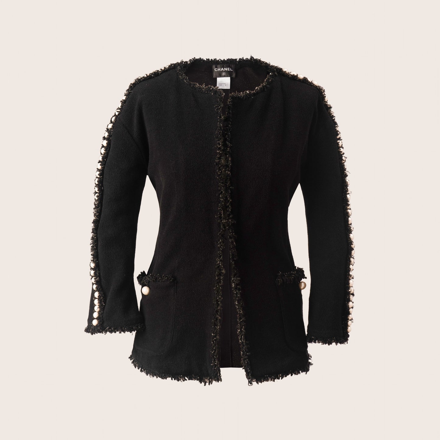 Chanel Black Boucle Jacket with Pearl Embellishments