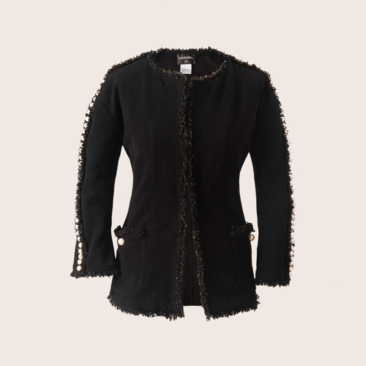 Chanel Black Boucle Jacket with Pearl Embellishments