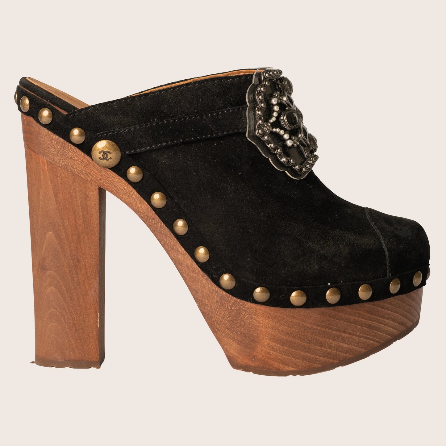 Chanel Black Suede Embellished Wooden Clogs