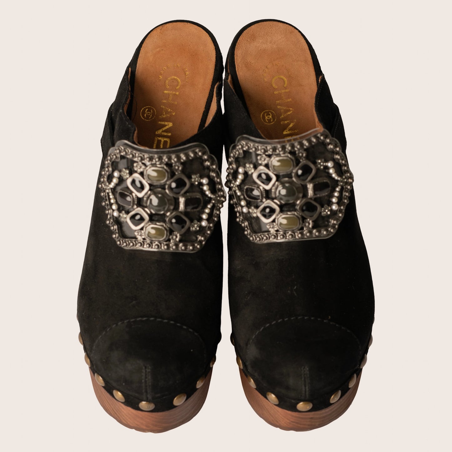 Chanel Black Suede Embellished Wooden Clogs