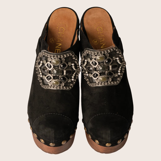 Chanel Black Suede Embellished Wooden Clogs
