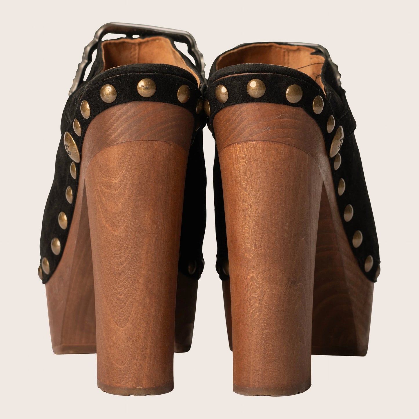 Chanel Black Suede Embellished Wooden Clogs