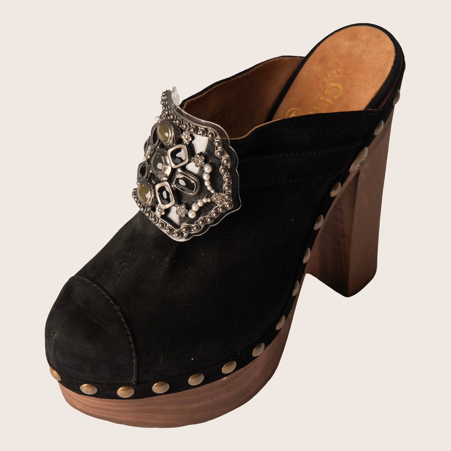 Chanel Black Suede Embellished Wooden Clogs