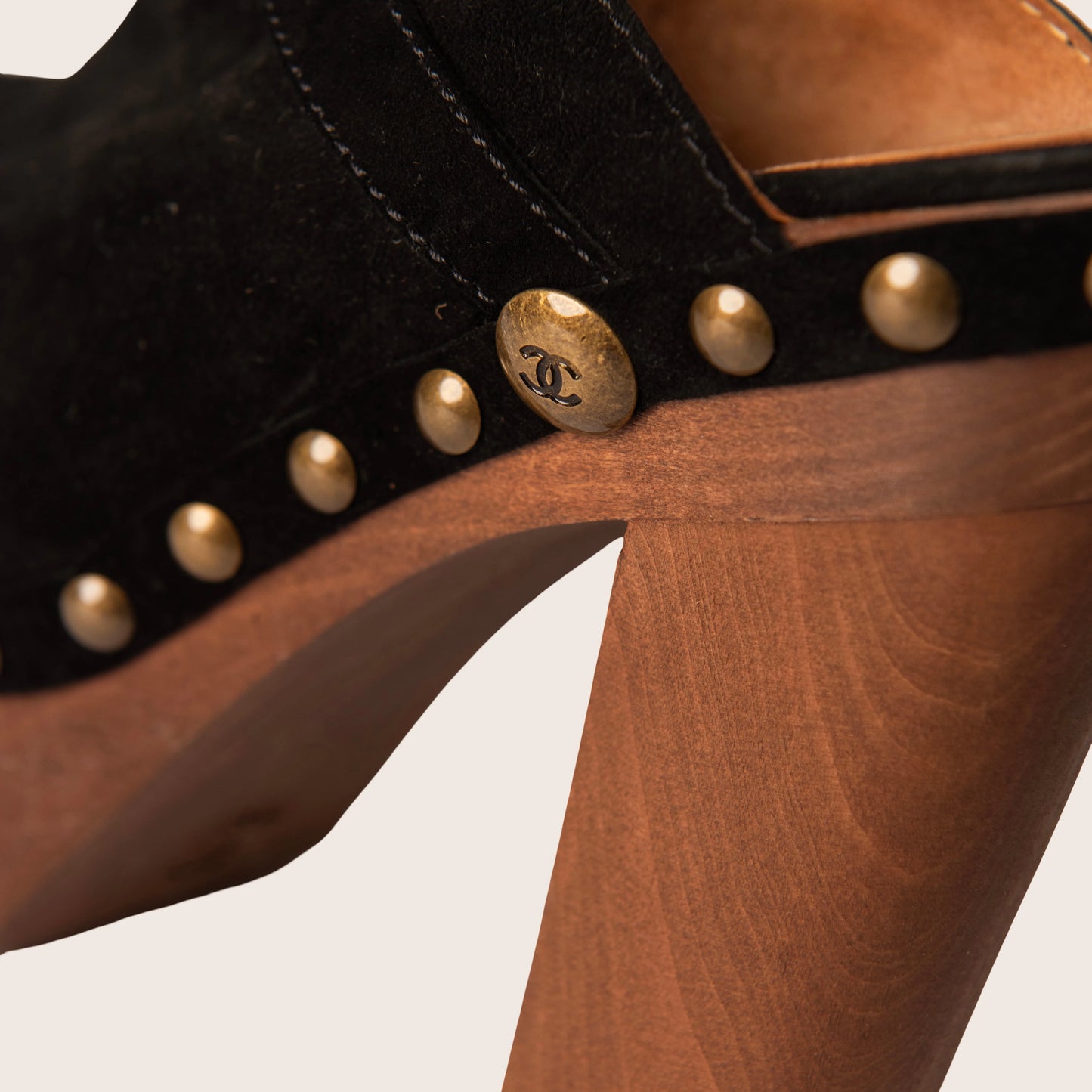 Chanel Black Suede Embellished Wooden Clogs
