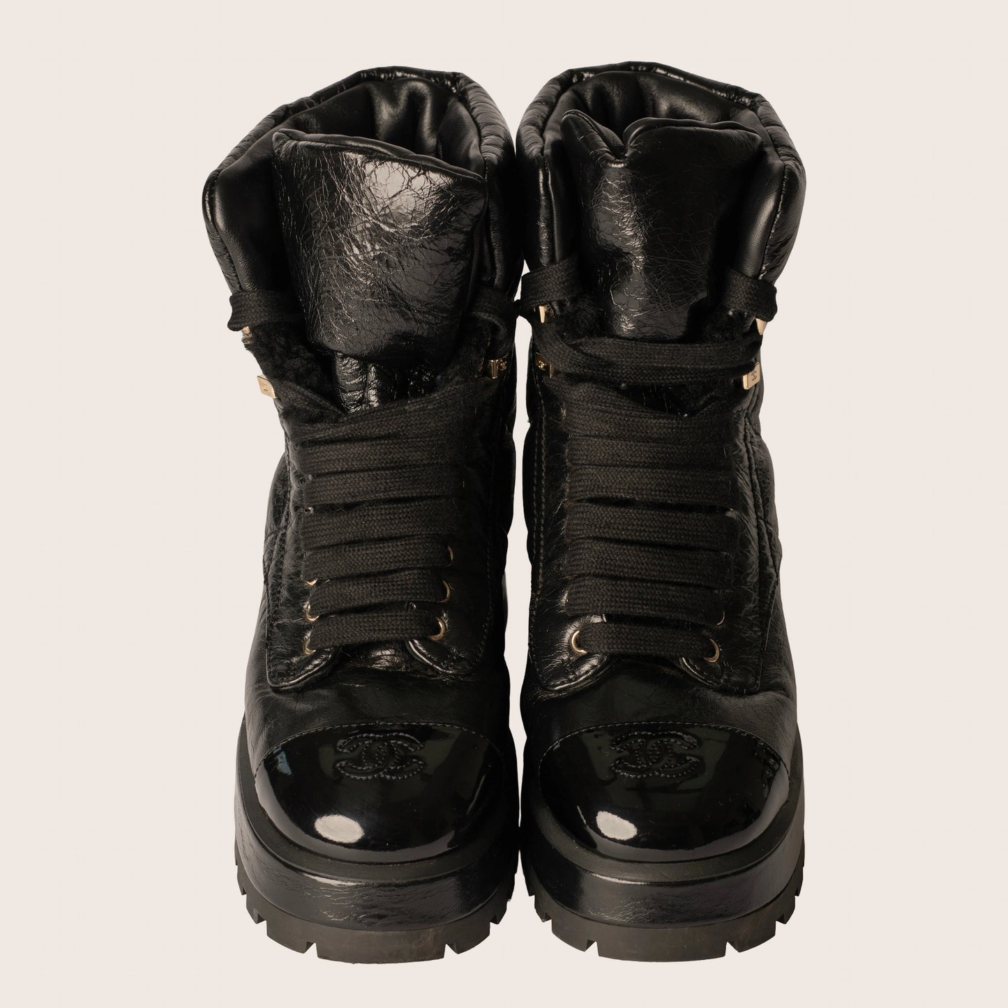 Chanel  Crumpled Patent Lambskin Calfskin Quilted Lace Up Combat Boots